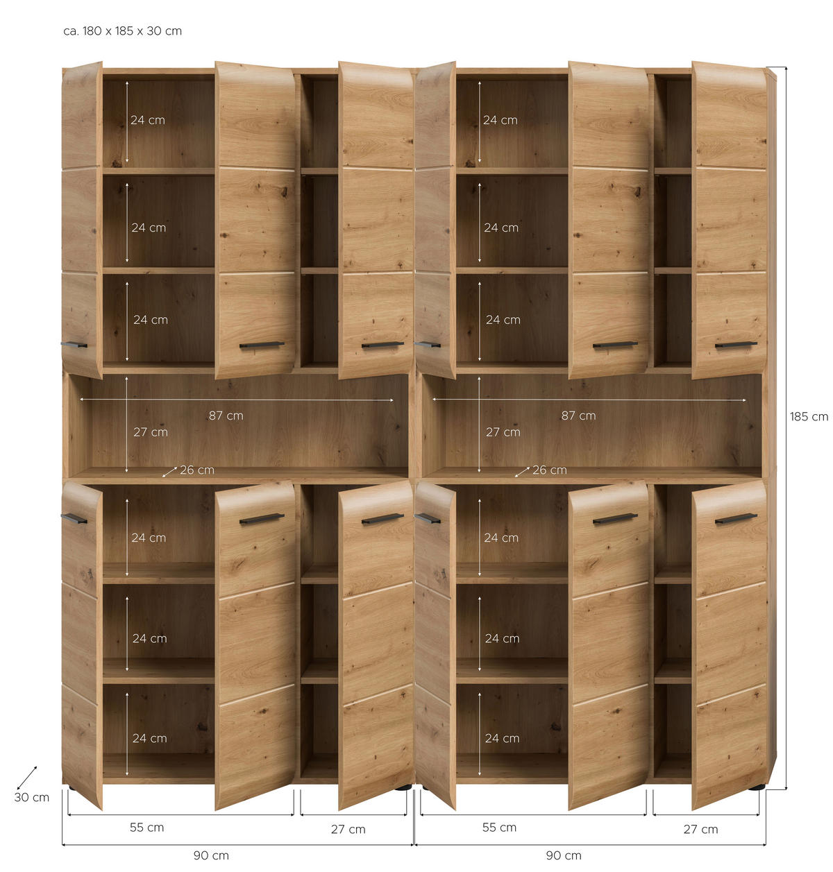 HOCHSCHRANK  - Schwarz/Eiche Artisan, Basics, Holzwerkstoff/Kunststoff (180cm) - MID.YOU