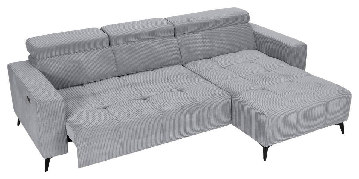 ECKSOFA Hellgrau Cord Rücken echt, Kopfteilverstellung, Sitzvorzug  - Hellgrau/Schwarz, KONVENTIONELL, Textil/Metall (257/170cm) - Carryhome