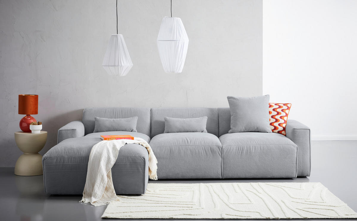 ECKSOFA in Cord Grau  - Schwarz/Grau, Design, Kunststoff/Textil (196/303cm) - Livetastic