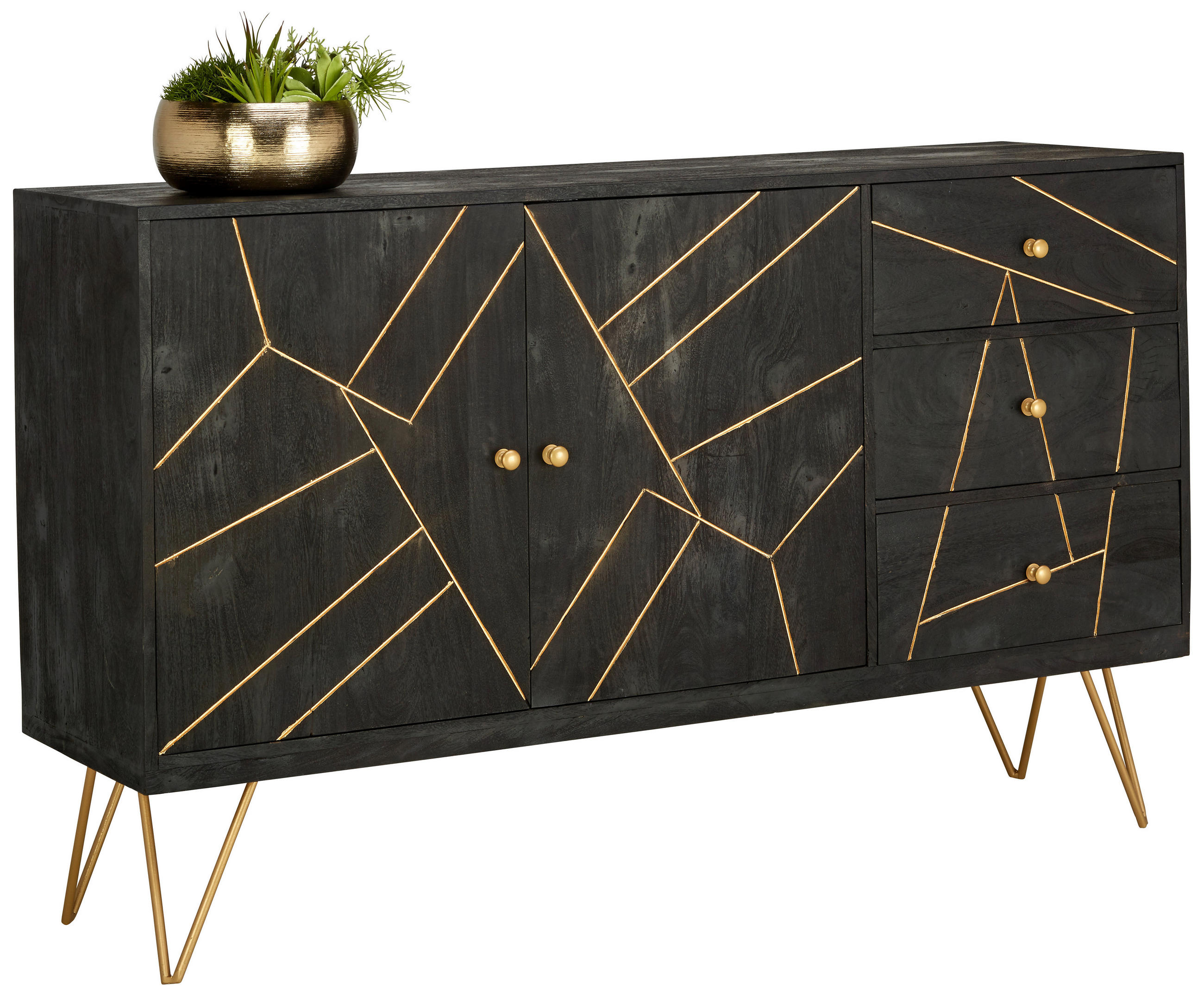 SIDEBOARD Akazie massiv Schwarz, Goldfarben - Goldfarben/Schwarz, Trend, Holz/Metall (145/88/43cm) - Ambia Home