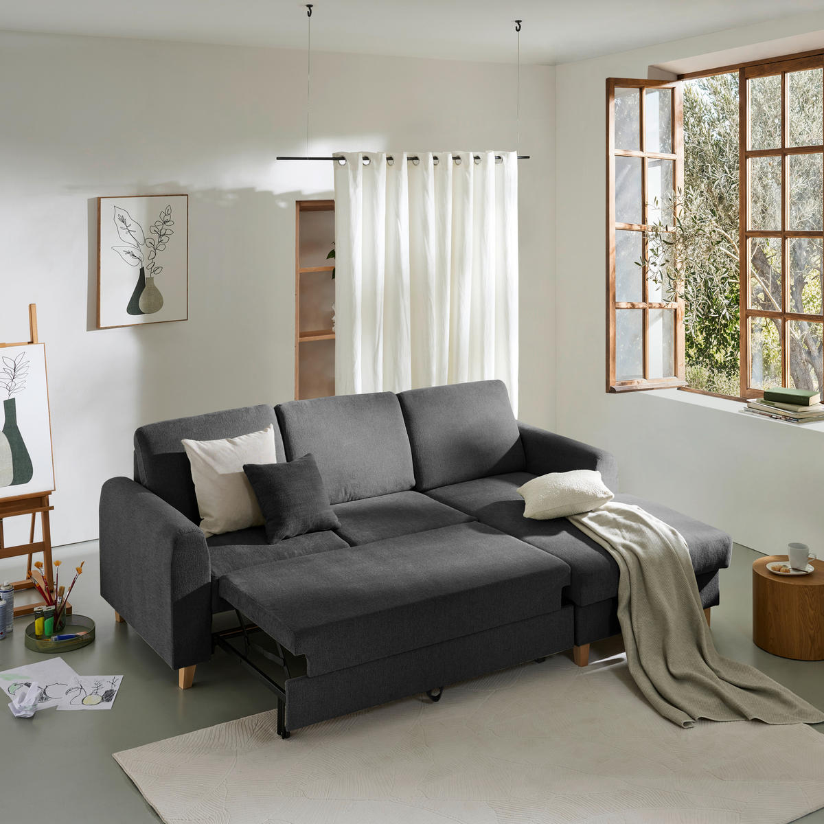 ECKSOFA Anthrazit Flachgewebe  - Anthrazit/Buchefarben, KONVENTIONELL, Holz/Textil (241/166cm) - Carryhome