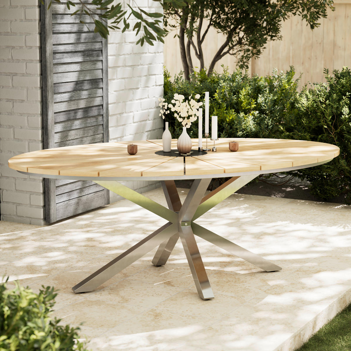 GARTENTISCH Holz, Metall oval  - Edelstahlfarben/Naturfarben, MODERN, Holz/Metall (200/75/120cm) - Ambia Garden