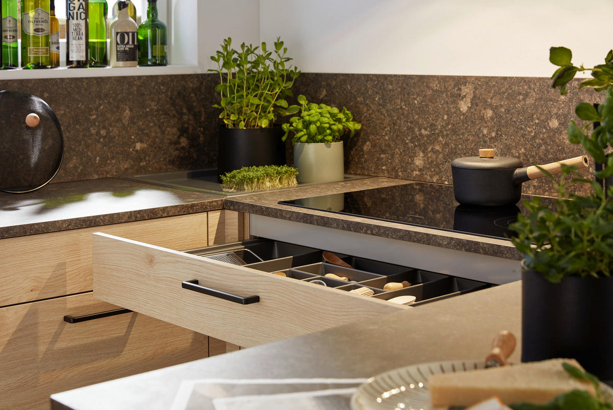 EINBAUKÜCHE   - Eichefarben/Anthrazit, Design, Holzwerkstoff - Dieter Knoll