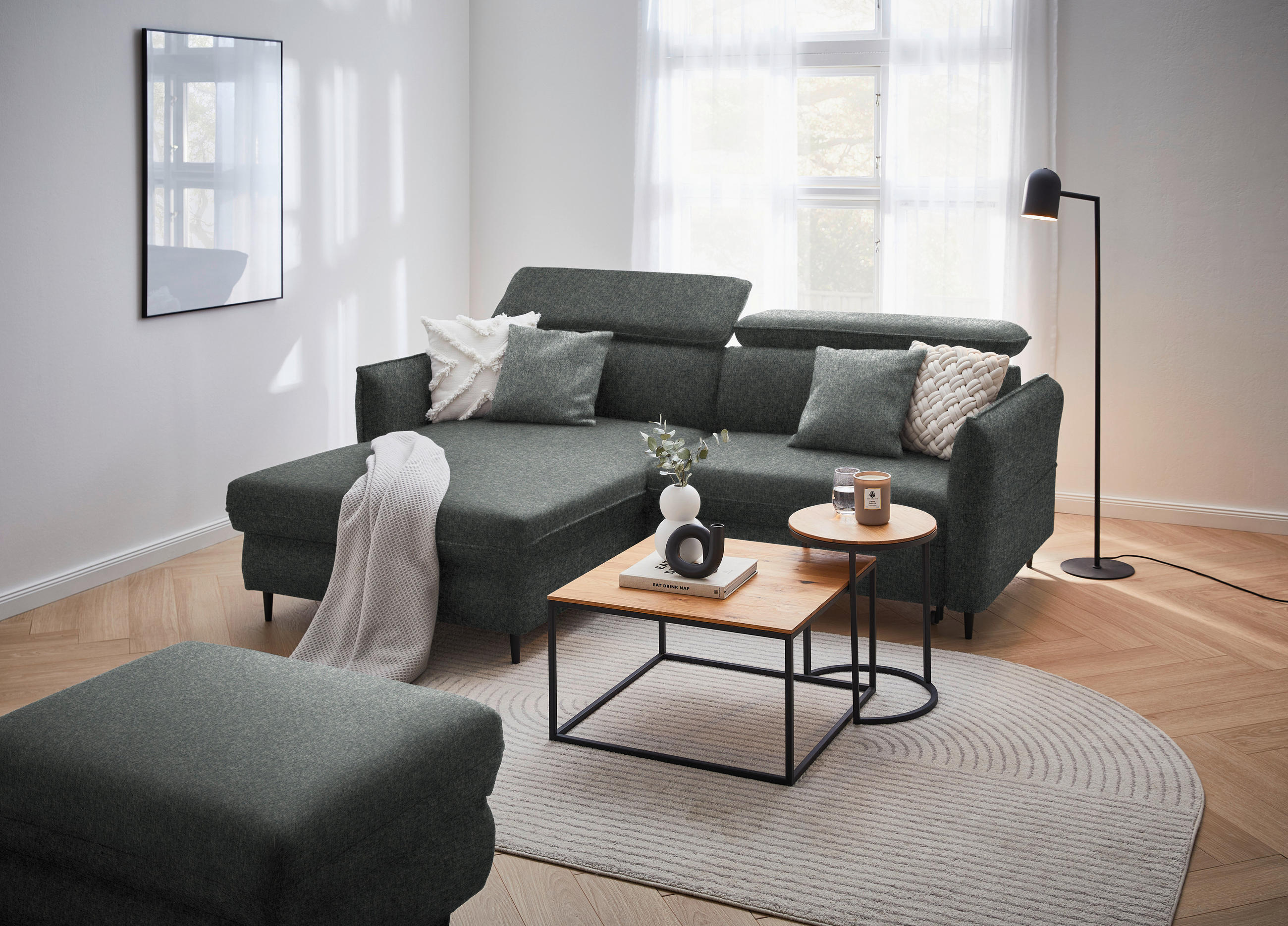 ECKSOFA in Samt Grau  - Schwarz/Grau, Design, Holz/Textil (185/232cm) - Stylife