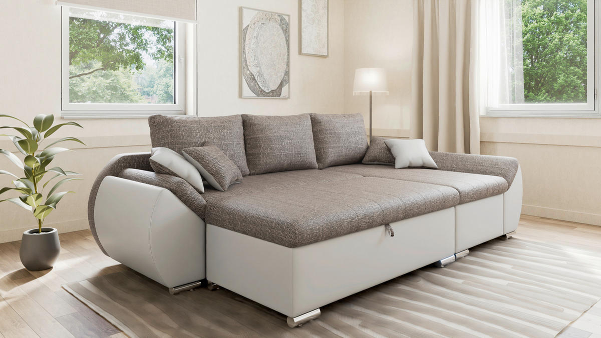 ECKSOFA  AURO Braun, Weiß  - Silberfarben/Braun, Design, Kunststoff/Textil (275/155cm) - MID.YOU