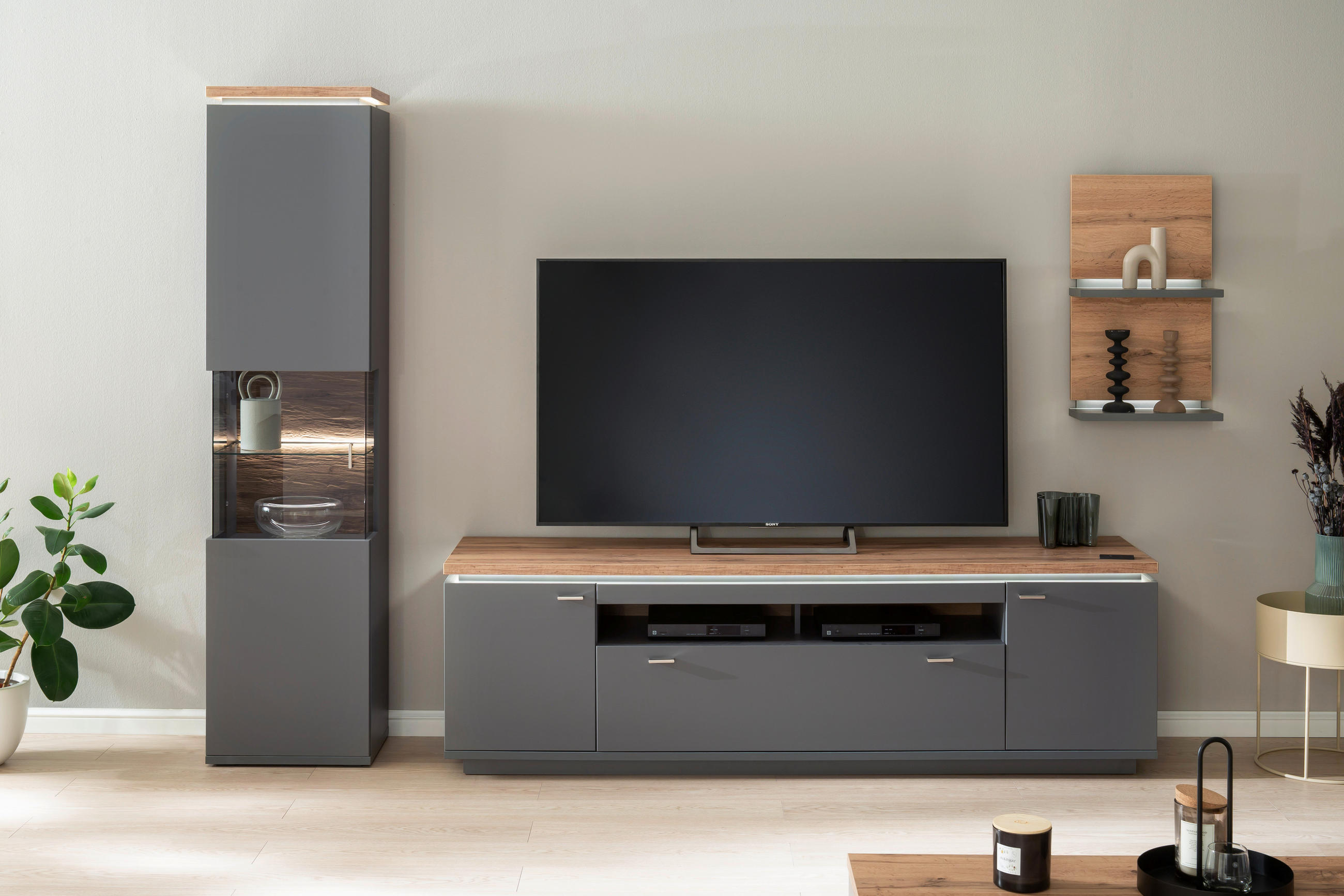 WOHNWAND Neapel  in Grau, Eiche Wotan  270/208/50 cm  - Eiche Wotan/Grau, Design, Glas/Holzwerkstoff (270/208/50cm) - Stylife