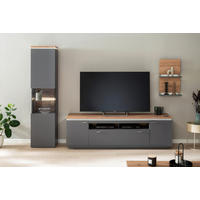 WOHNWAND Neapel  in Grau, Eiche Wotan  270/208/50 cm  - Eiche Wotan/Grau, Design, Glas/Holzwerkstoff (270/208/50cm) - Stylife