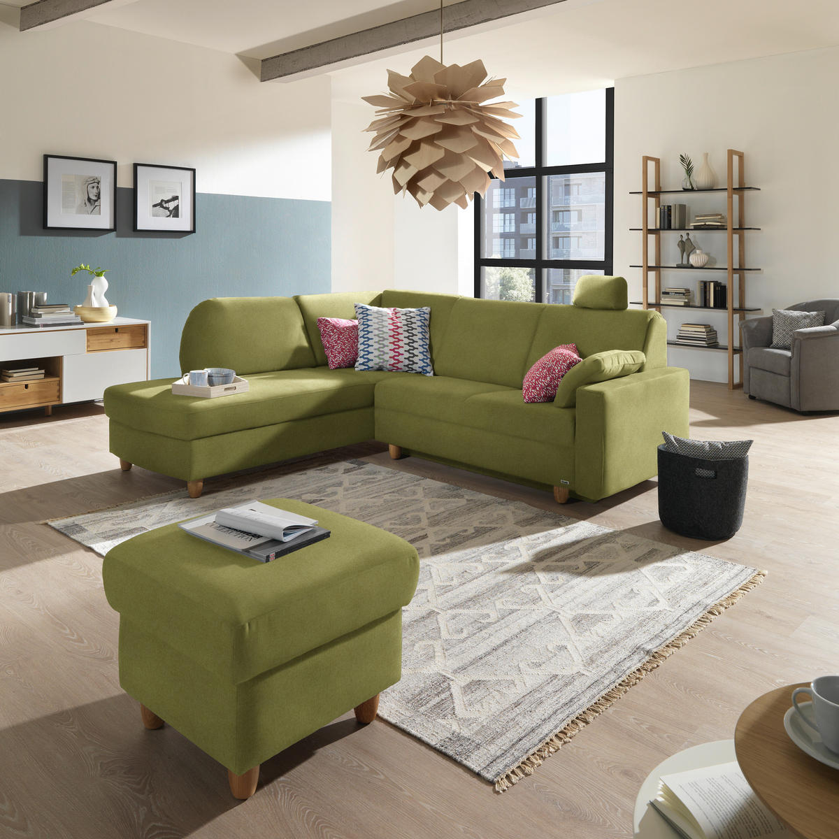 ECKSOFA in Flachgewebe Limette  208/227 cm  - Eichefarben/Limette, KONVENTIONELL, Holz/Textil (208/227cm) - Sedda