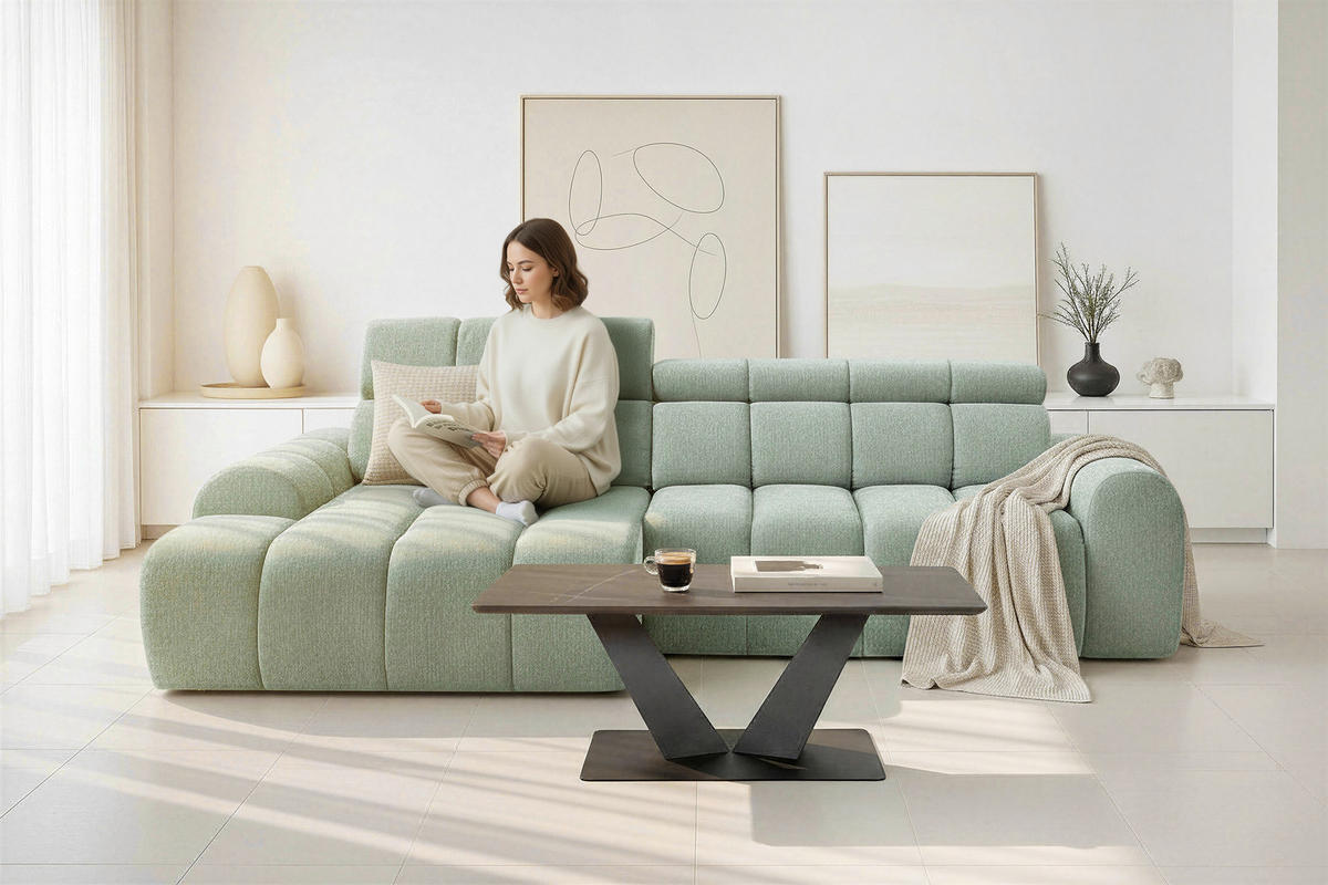 ECKSOFA Salbeigrün Chenille Bettkasten, Rücken echt, Relaxfunktion, Kopfteilverstellung  - Salbeigrün/Schwarz, Design, Kunststoff/Textil (152/290cm) - Stylife