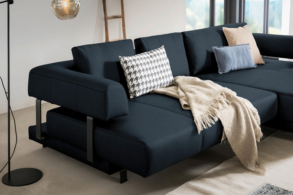 ECKSOFA in Echtleder Dunkelblau  - Schwarz/Dunkelblau, Design, Leder/Metall (307/188cm)