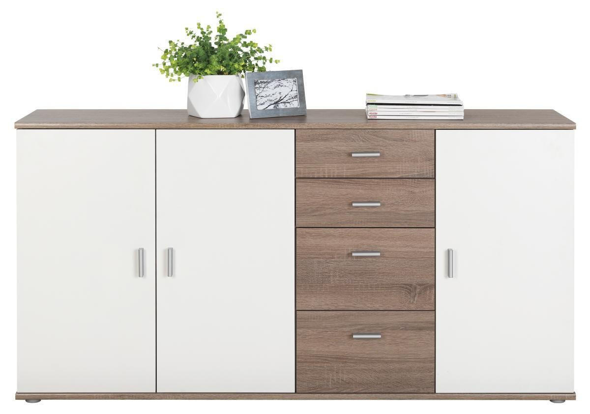 KOMODA, bela, hrast sonoma  - srebrne barve/barve hrasta, Design, umetna masa/leseni material (160/82/35cm) - Boxxx