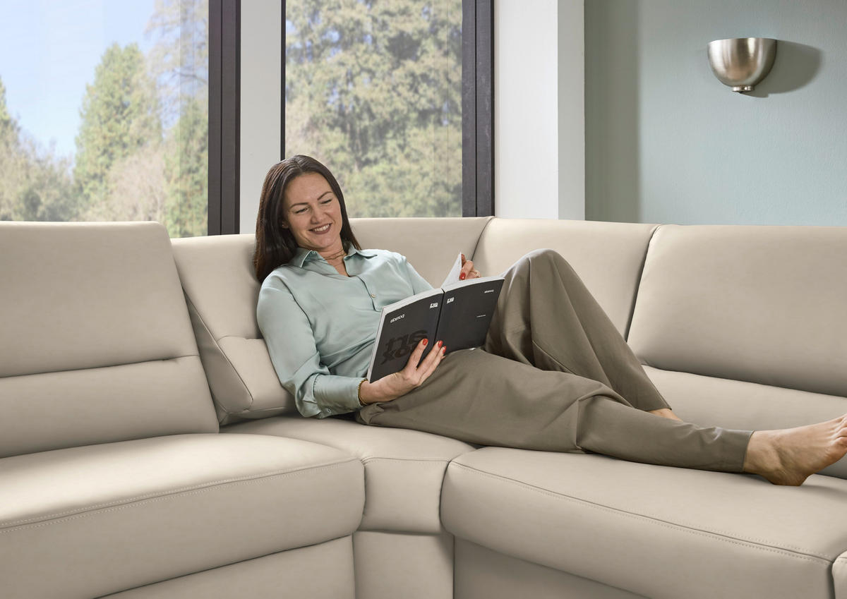 ECKSOFA Echtleder Ecru  - Ecru/Schwarz, Konventionell, Leder/Metall (249/290cm) - Beldomo Premium