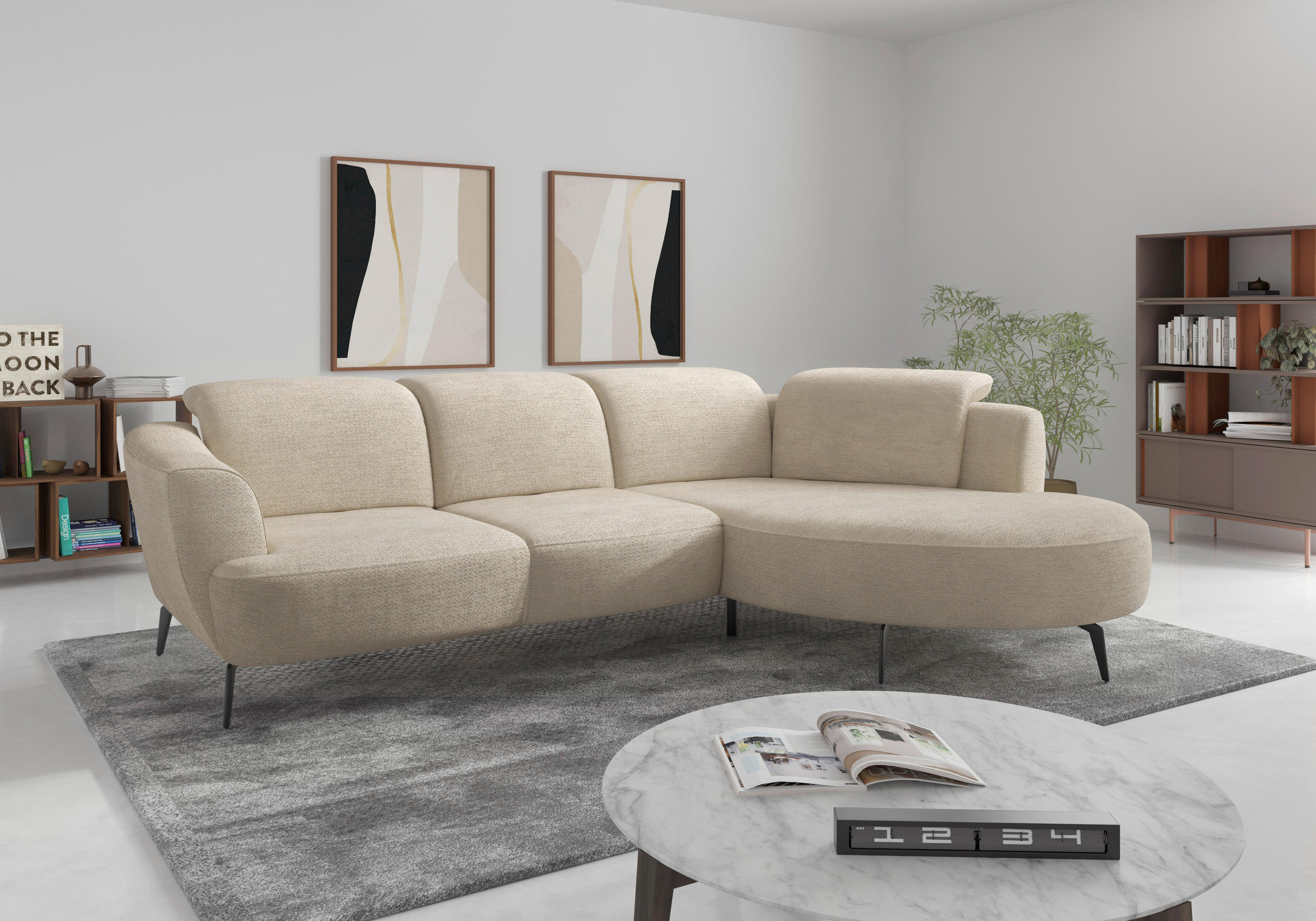 ECKSOFA ZOE E Sandfarben Chenille  - Sandfarben/Schwarz, KONVENTIONELL, Textil/Metall (309/199cm) - Sit & More