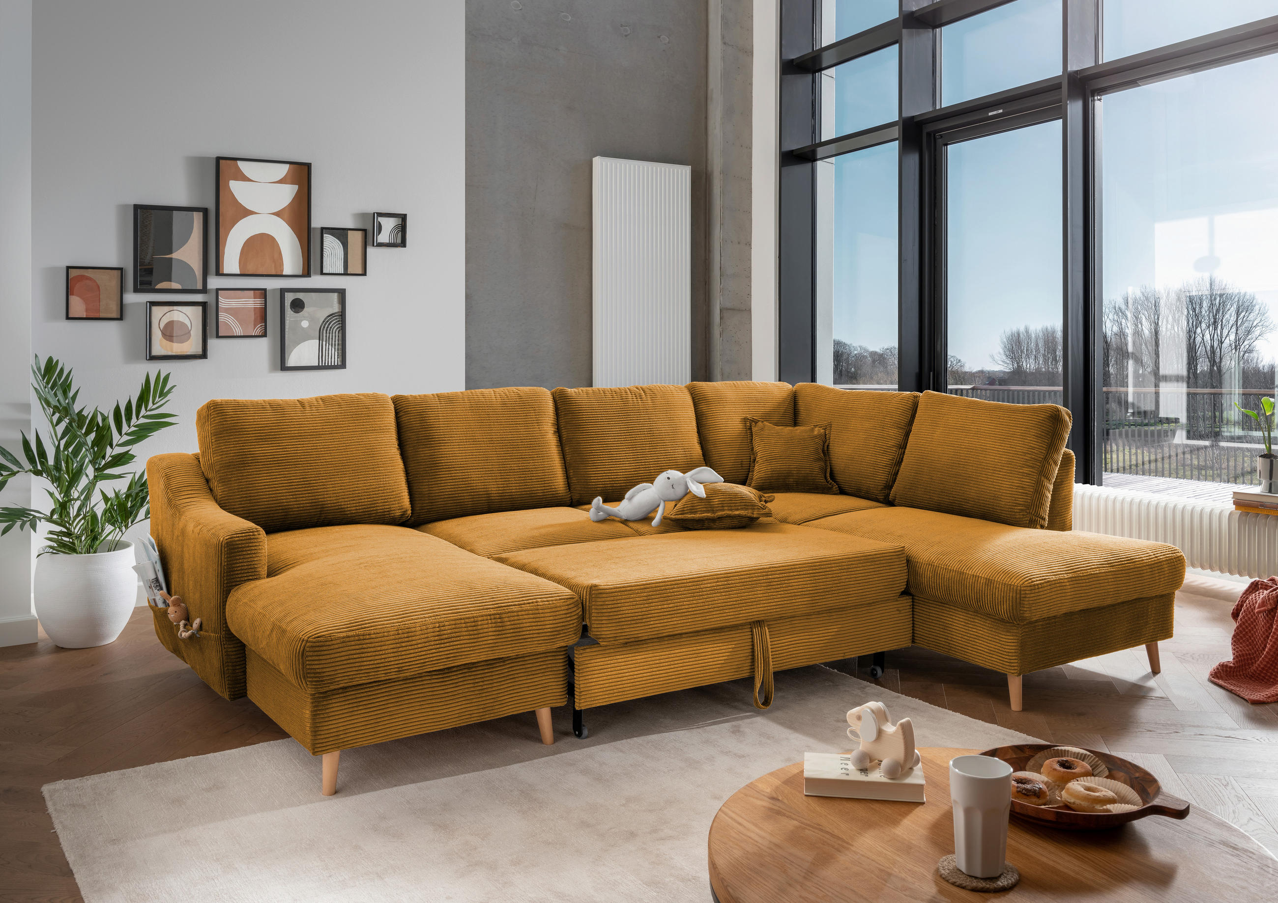 WOHNLANDSCHAFT Goldfarben Cord  - Goldfarben/Naturfarben, KONVENTIONELL, Holz/Textil (150/301/200cm) - P & B