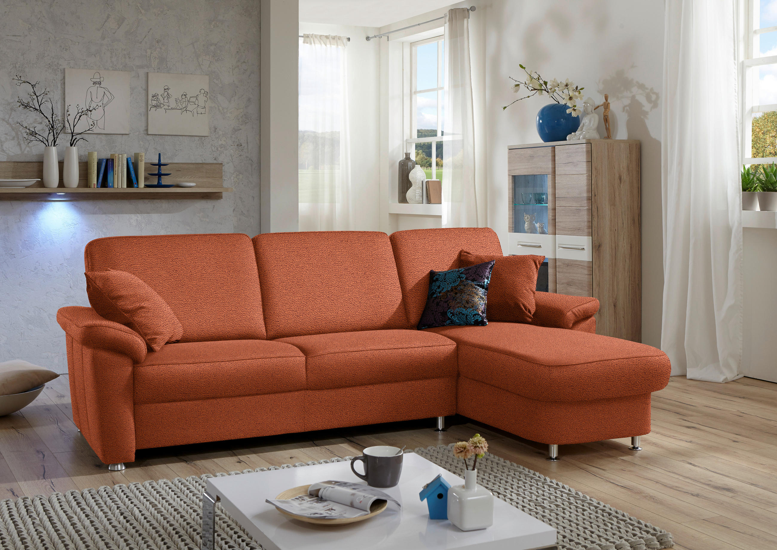 ECKSOFA in Flachgewebe Terracotta  250/163 cm  - Chromfarben/Terracotta, KONVENTIONELL, Textil/Metall (250/163cm) - Beldomo System