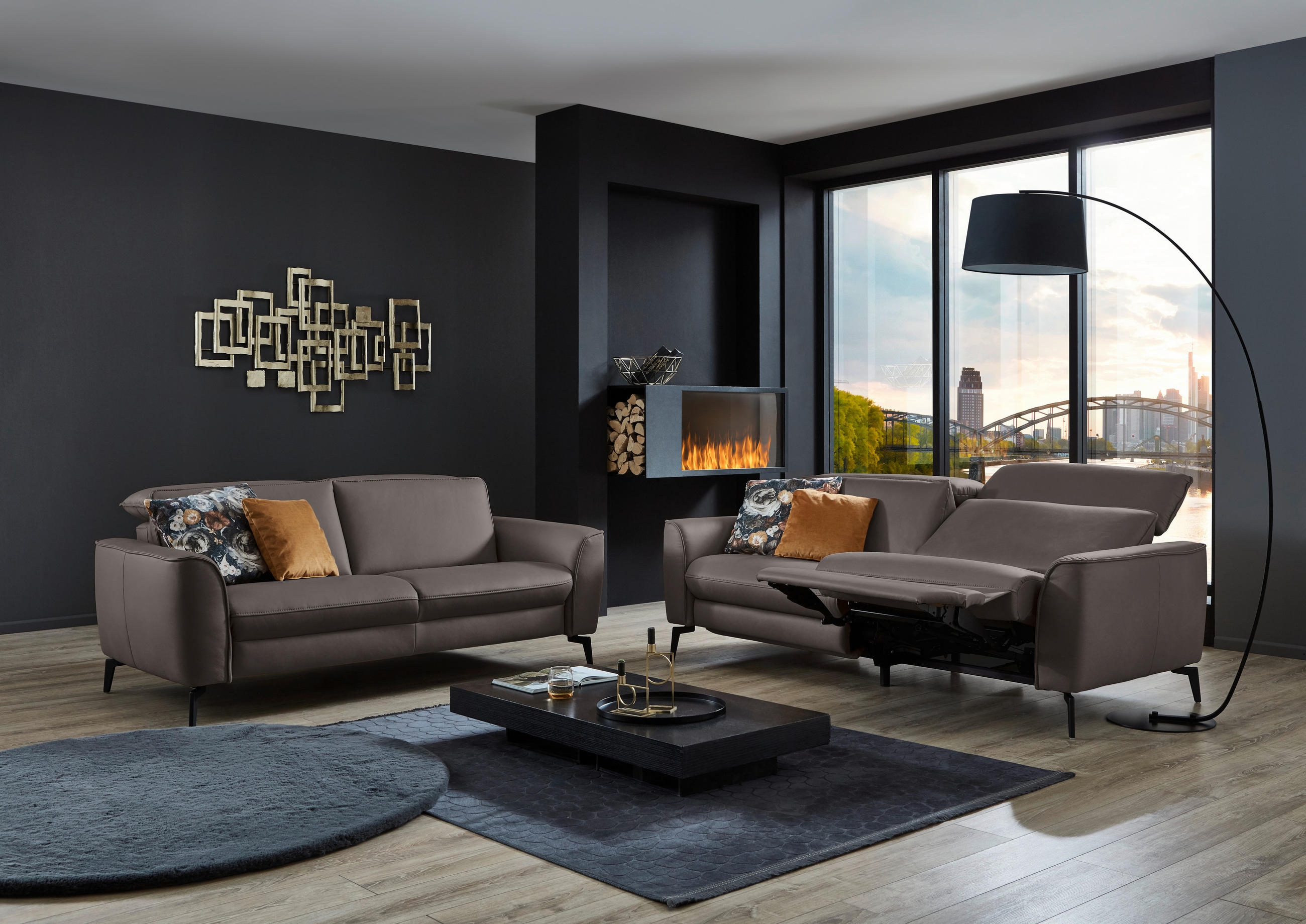 3-SITZER-SOFA in Echtleder Dunkelgrau  - Dunkelgrau/Schwarz, Natur, Leder/Metall (222/81/110cm) - Valdera