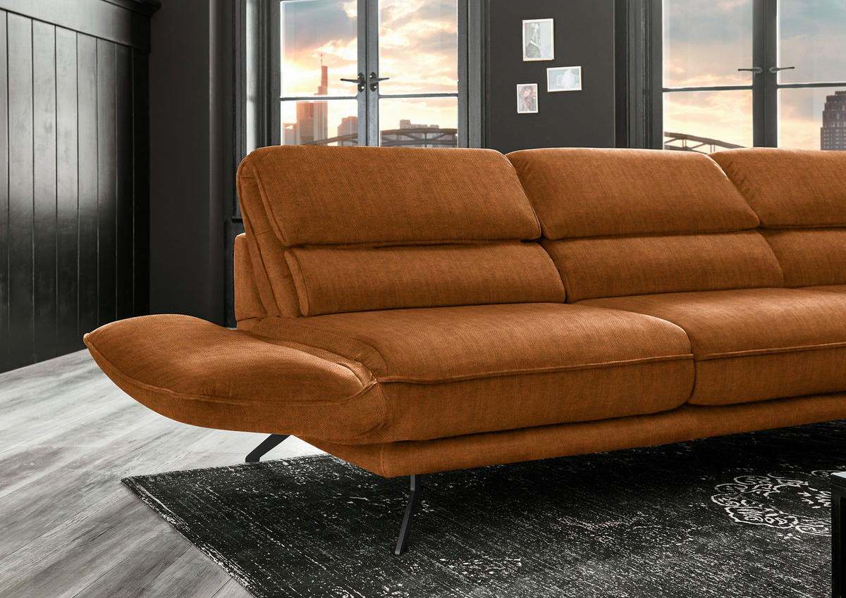 ECKSOFA in Velours Cognac  283/153 cm  - Cognac/Schwarz, Design, Textil/Metall (283/153cm) - Valdera