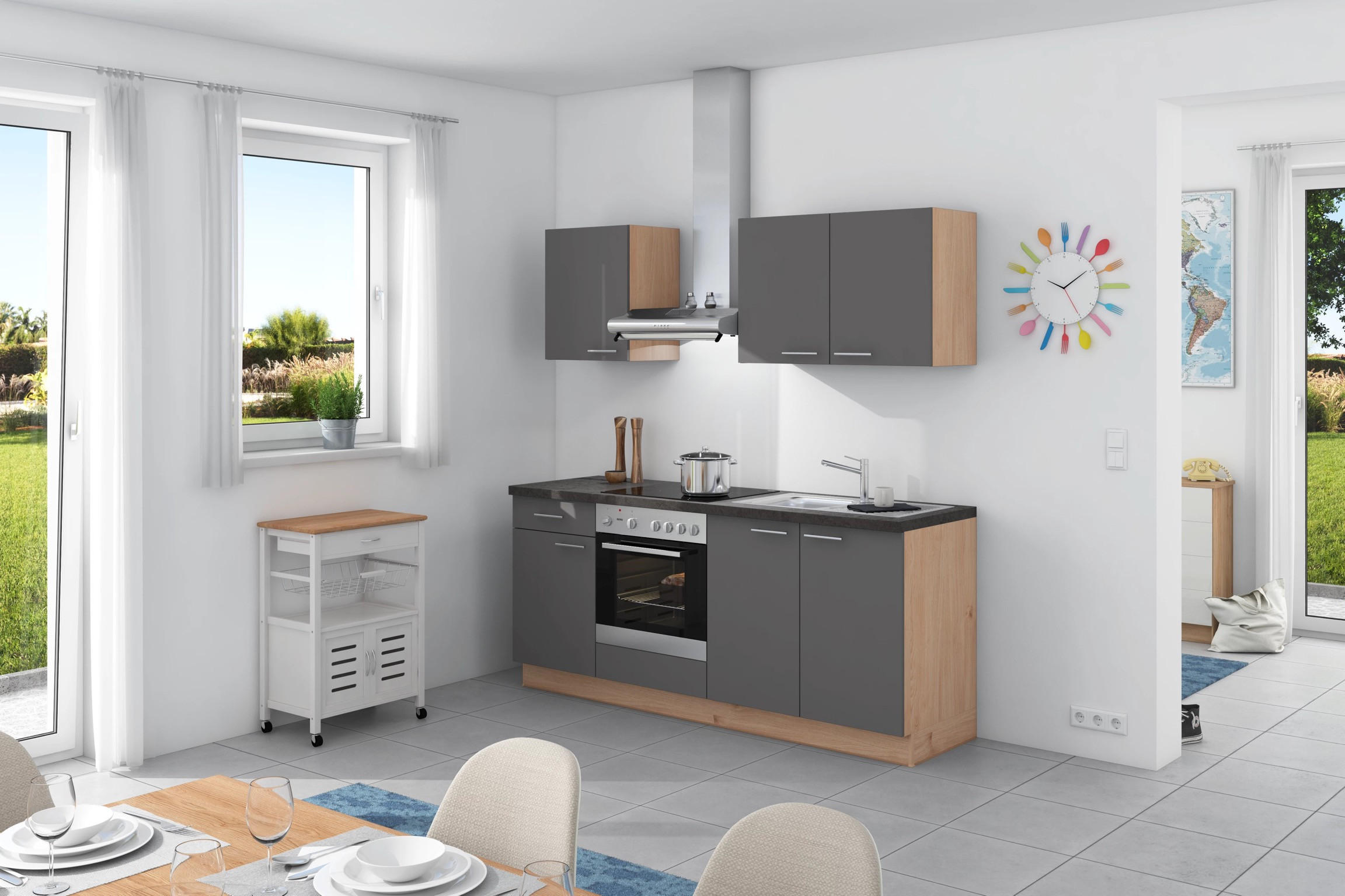 Küchenzeile Base ohne Geräte 200 cm Anthrazit/Wildeiche