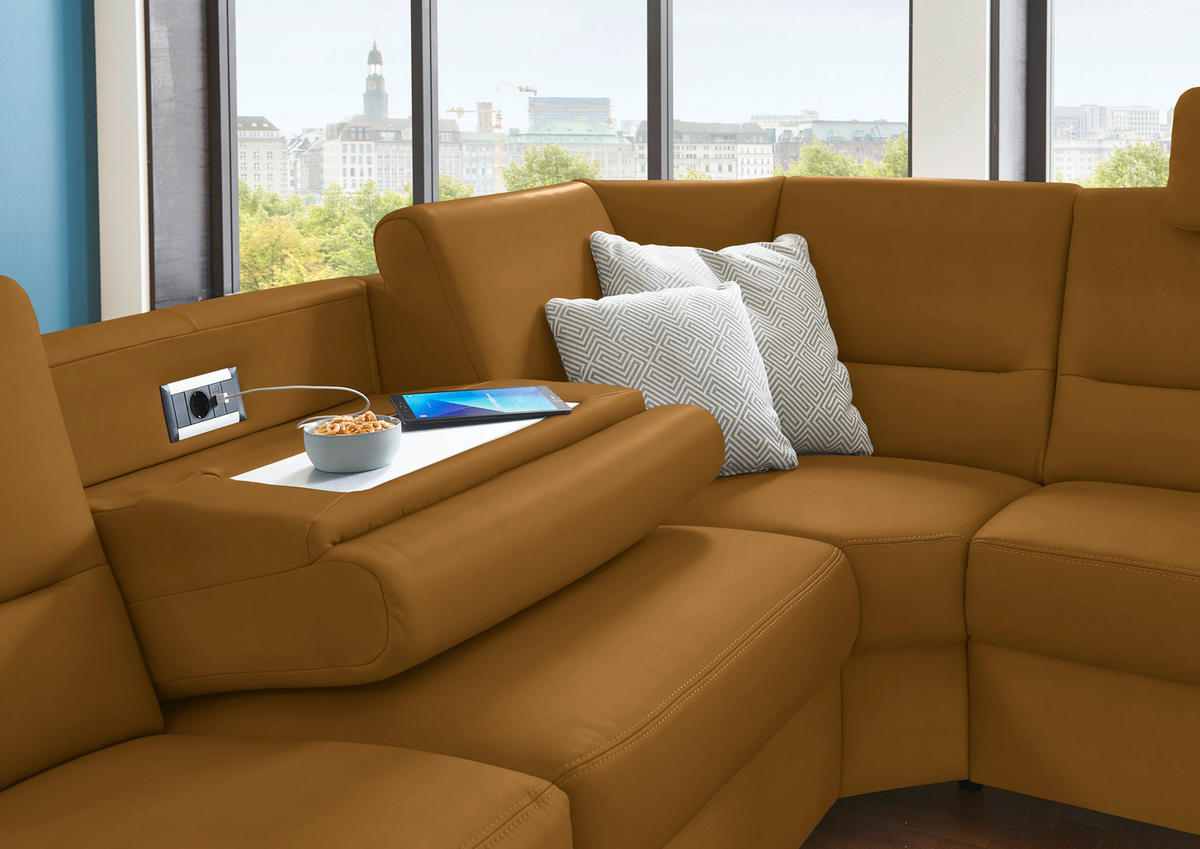 ECKSOFA in Echtleder Dunkelgelb  - Dunkelgelb/Alufarben, Konventionell, Leder/Metall (290/249cm) - Beldomo Premium