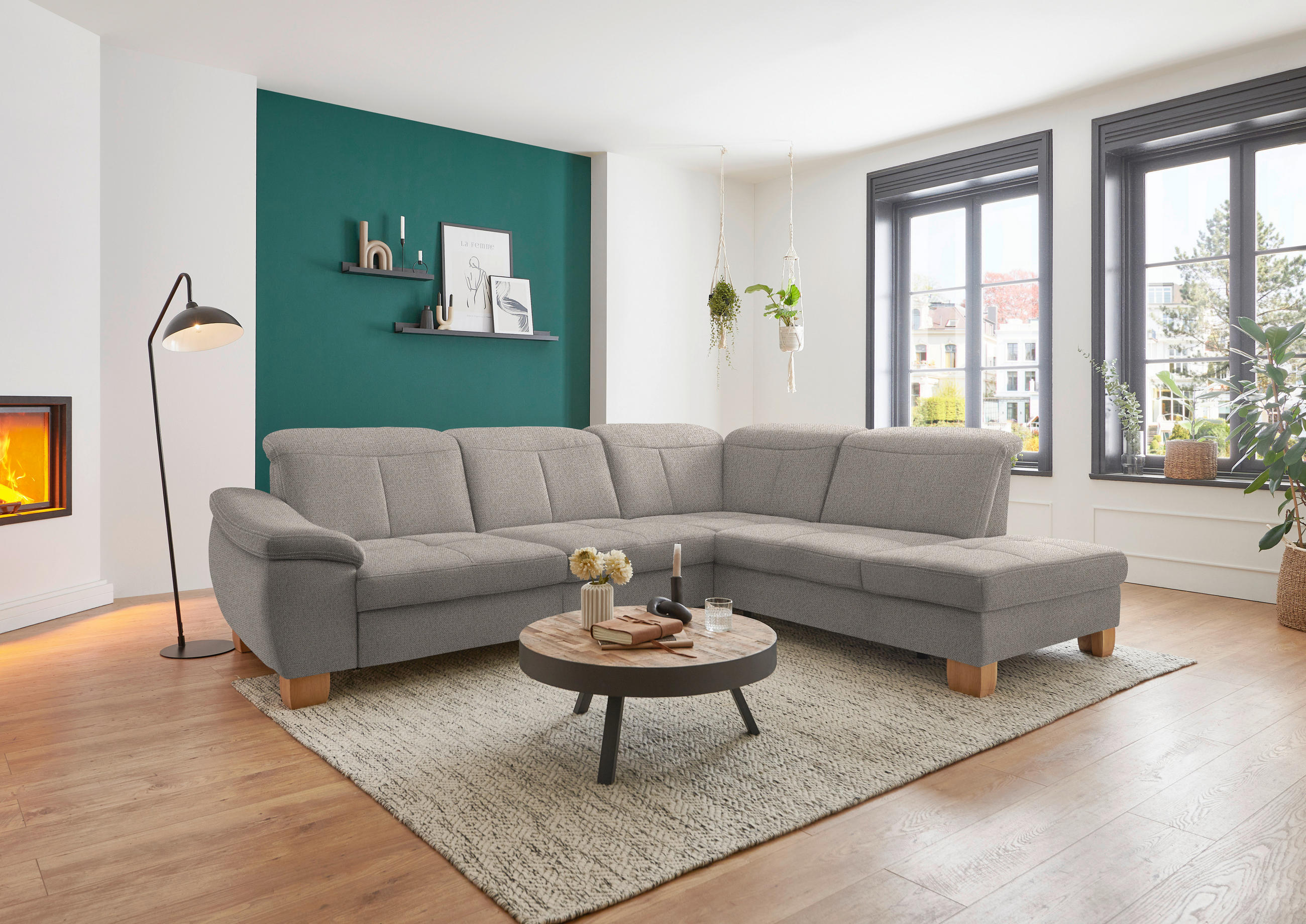 ECKSOFA in Flachgewebe Hellbraun  - Wildeiche/Hellbraun, Natur, Holz/Textil (301/243cm) - Voleo