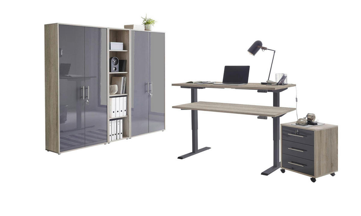 BÜRO erweiterbar, abschließbar Sonoma Eiche, Anthrazit Hochglanz - Anthrazit Hochglanz/Sonoma Eiche, MODERN, Holzwerkstoff/Metall - MID.YOU