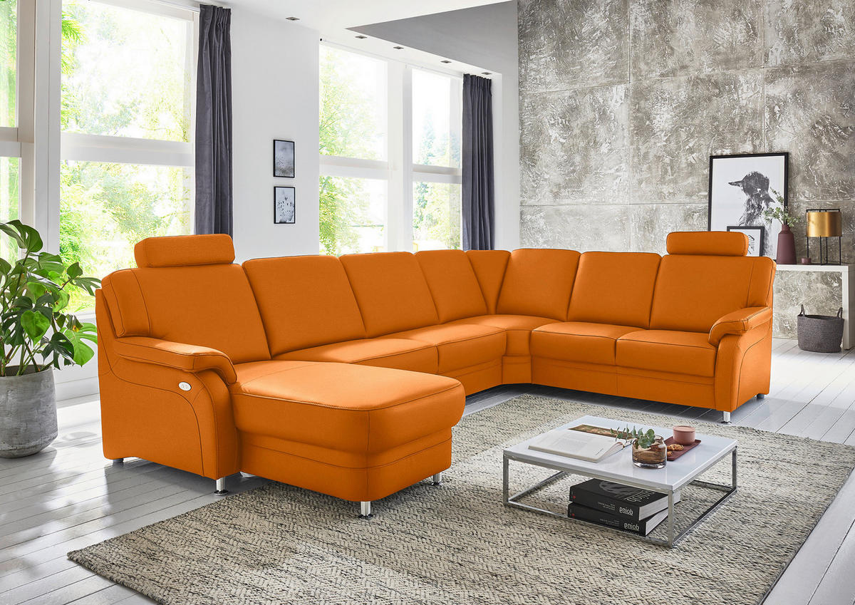 WOHNLANDSCHAFT  in Echtleder Orange  - Alufarben/Orange, KONVENTIONELL, Leder/Metall (165/329/239cm) - Beldomo Premium