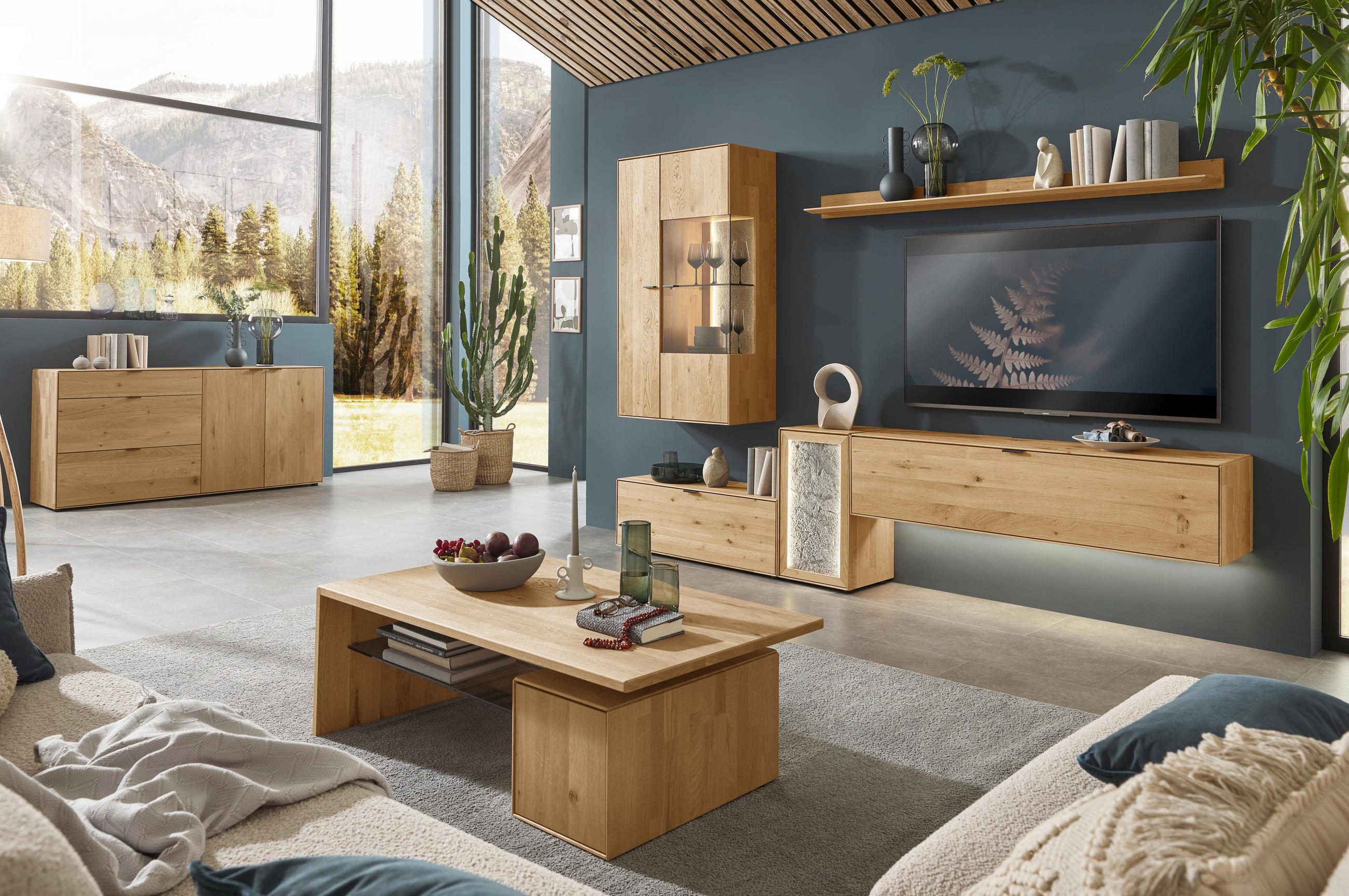 WOHNWAND  in Wildeiche 298,2/206,6/37,1 cm  - Wildeiche/Schwarz, Natur, Glas/Holz (298,2/206,6/37,1cm) - Valnatura