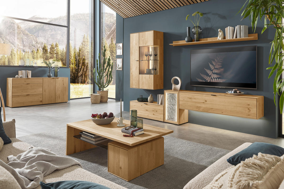WOHNWAND  in Wildeiche 298,2/206,6/37,1 cm  - Wildeiche/Schwarz, Natur, Glas/Holz (298,2/206,6/37,1cm) - Valnatura