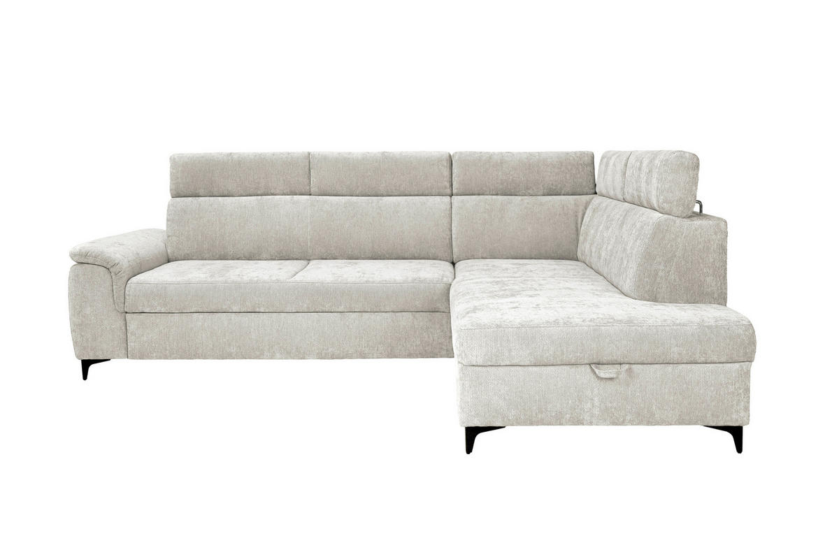 ECKSOFA Elfenbein Chenille Bettkasten, Schlaffunktion, Rücken echt, Kopfteilverstellung, Liegefläche im Originalstoff  - Elfenbein/Schwarz, KONVENTIONELL, Textil/Metall (265/206cm) - Carryhome