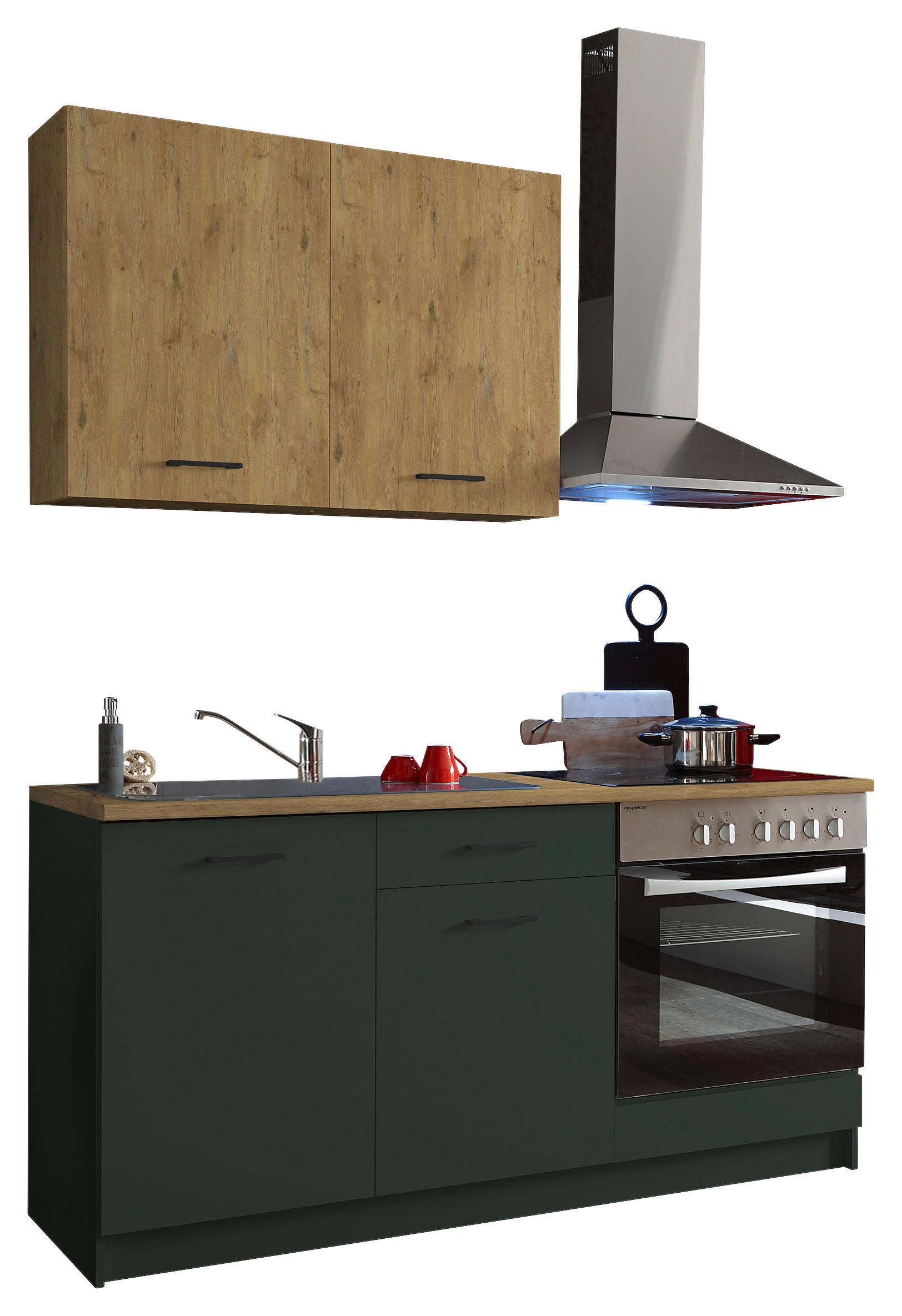 KÜCHENLEERBLOCK 160 cm   in Grün, Eichefarben  - Eichefarben/Schwarz, KONVENTIONELL, Holzwerkstoff/Kunststoff (160cm) - Carryhome