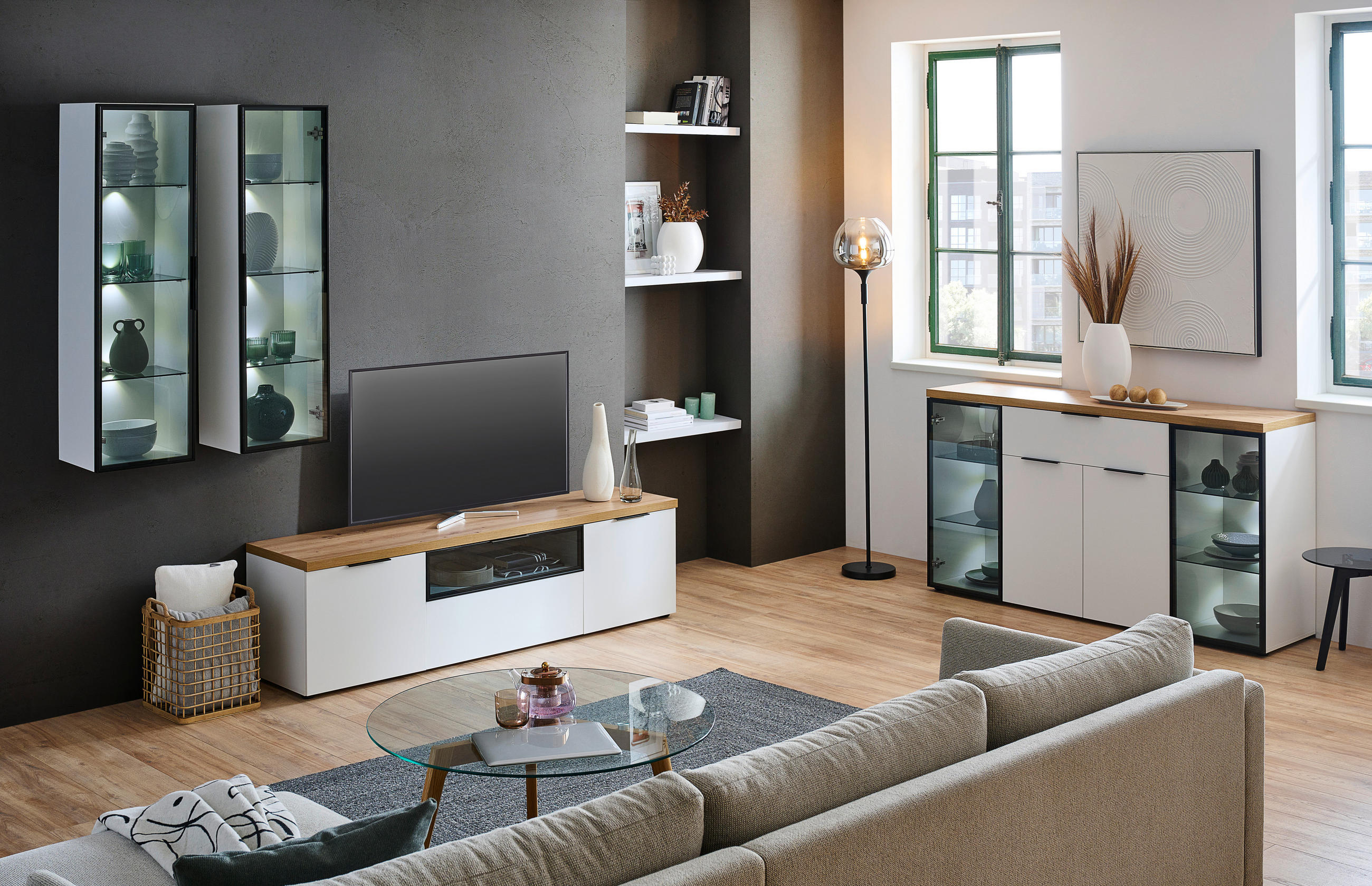 SIDEBOARD 160/90/43 cm  in Weiß, Eiche Artisan  - Eichefarben/Schwarz, Design, Glas/Holzwerkstoff (160/90/43cm) - Stylife
