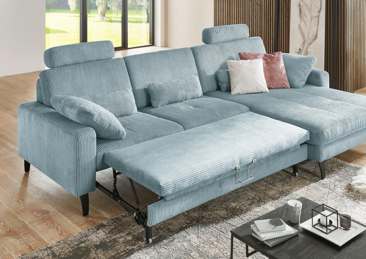 ECKSOFA in Cord Hellblau  - Schwarz/Hellblau, Modern, Textil/Metall (302/177cm) - Beldomo Style