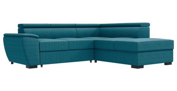 ECKSOFA Petrol Flachgewebe Schlaffunktion, Rücken echt, Kopfteilverstellung, Liegefläche im Originalstoff  - Petrol/Schwarz, KONVENTIONELL, Kunststoff/Textil (266/220cm) - Carryhome