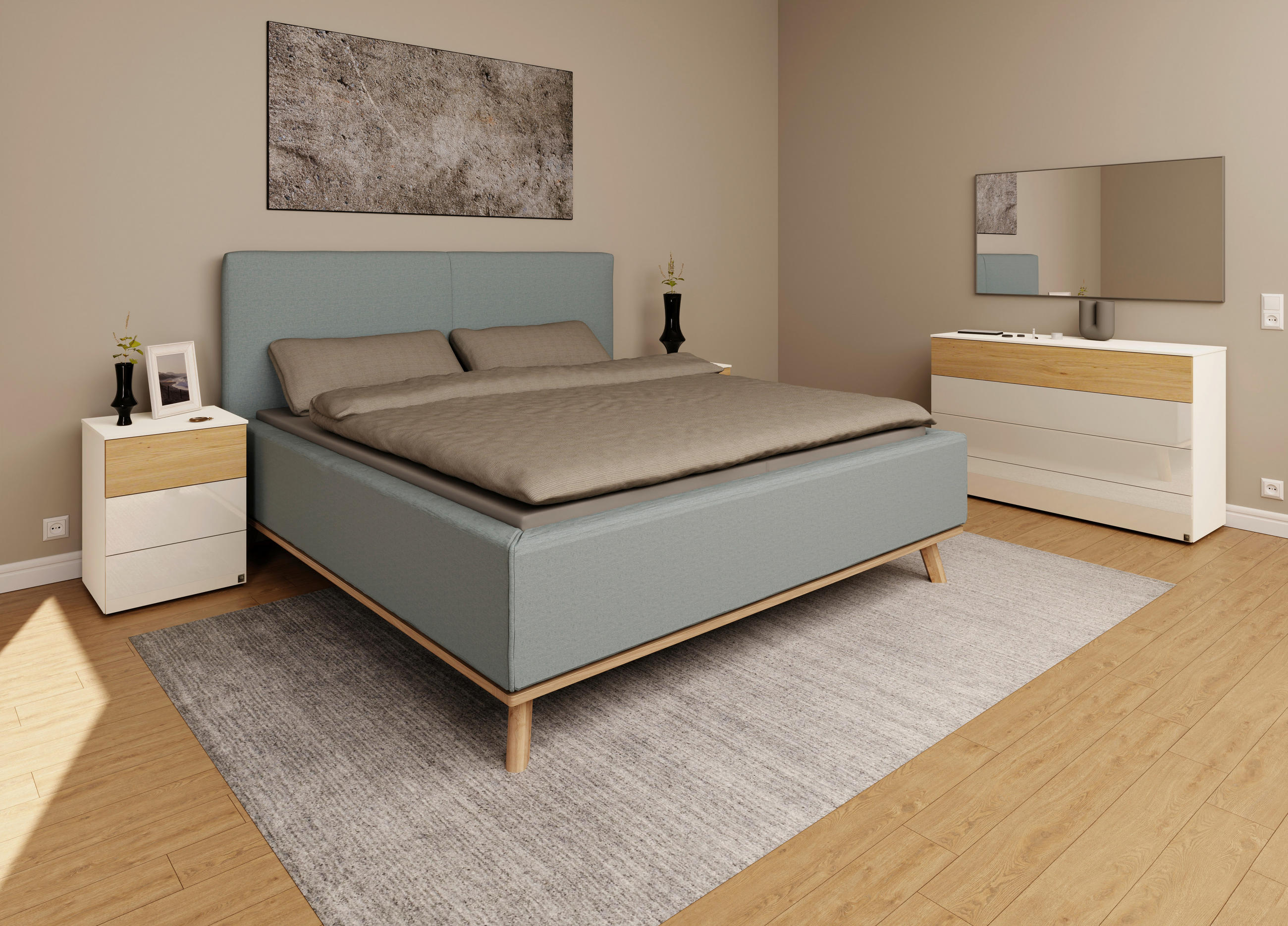 Thumbnail - Musterring Polsterbett, Blau, Textil, Birke, Buche,Esche, massiv, H3, Höhe ca. 20 cm, 160x200 cm, Reach, atmungsaktiv,Be...