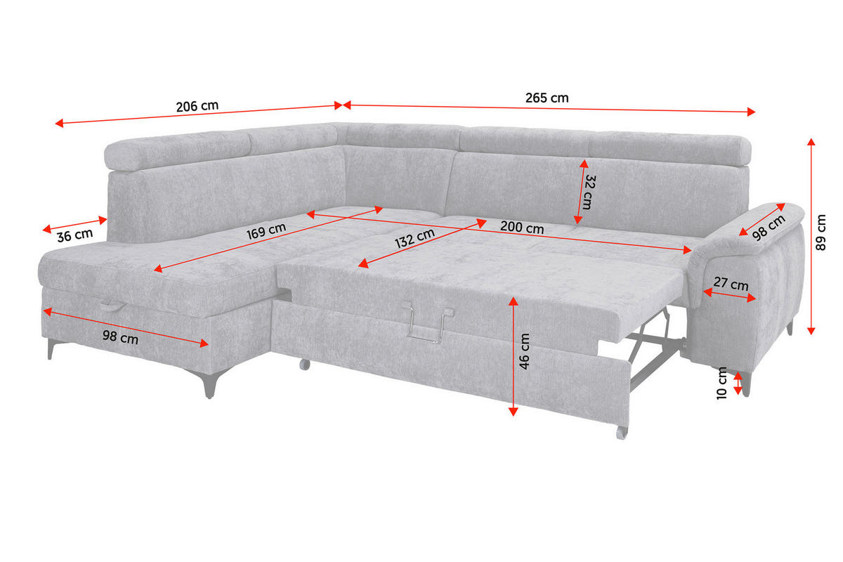 ECKSOFA Elfenbein Chenille Bettkasten, Schlaffunktion, Rücken echt, Kopfteilverstellung, Liegefläche im Originalstoff  - Elfenbein/Schwarz, KONVENTIONELL, Textil/Metall (206/265cm) - Carryhome