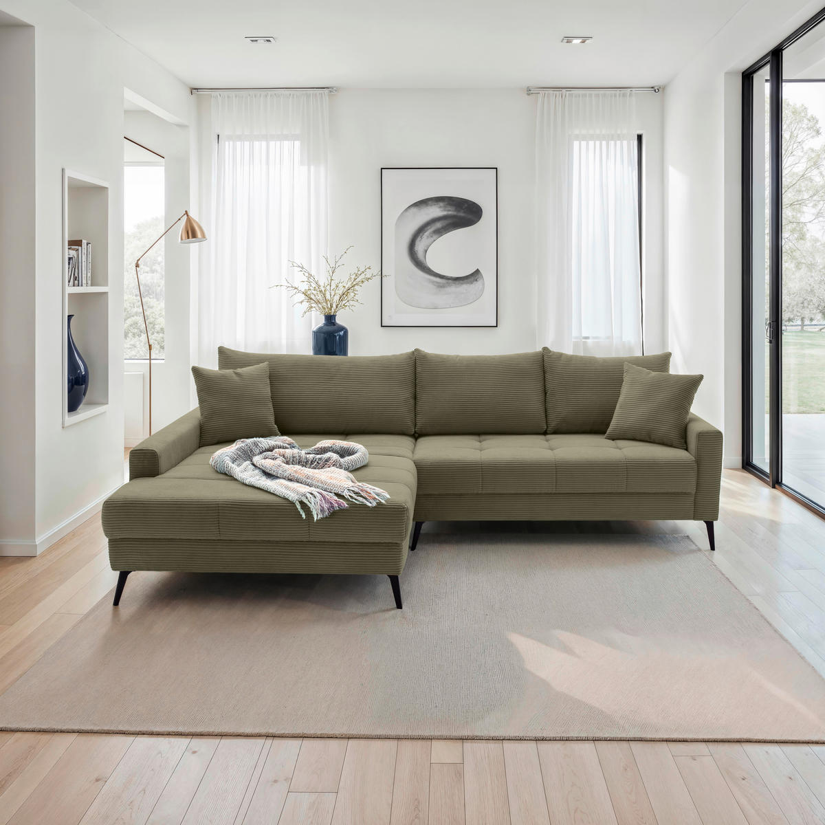 ECKSOFA Grün Cord  - Schwarz/Grün, KONVENTIONELL, Textil/Metall (173/280cm) - Hom`in