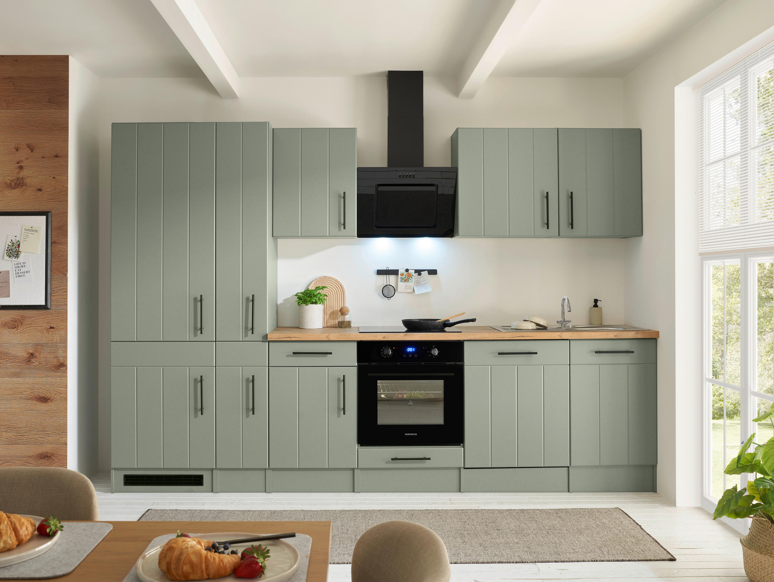 KÜCHENBLOCK 310 cm   in Wildeiche, Schilfgrün  - Schilfgrün/Wildeiche, Trend, Holzwerkstoff/Metall (310cm) - Respekta