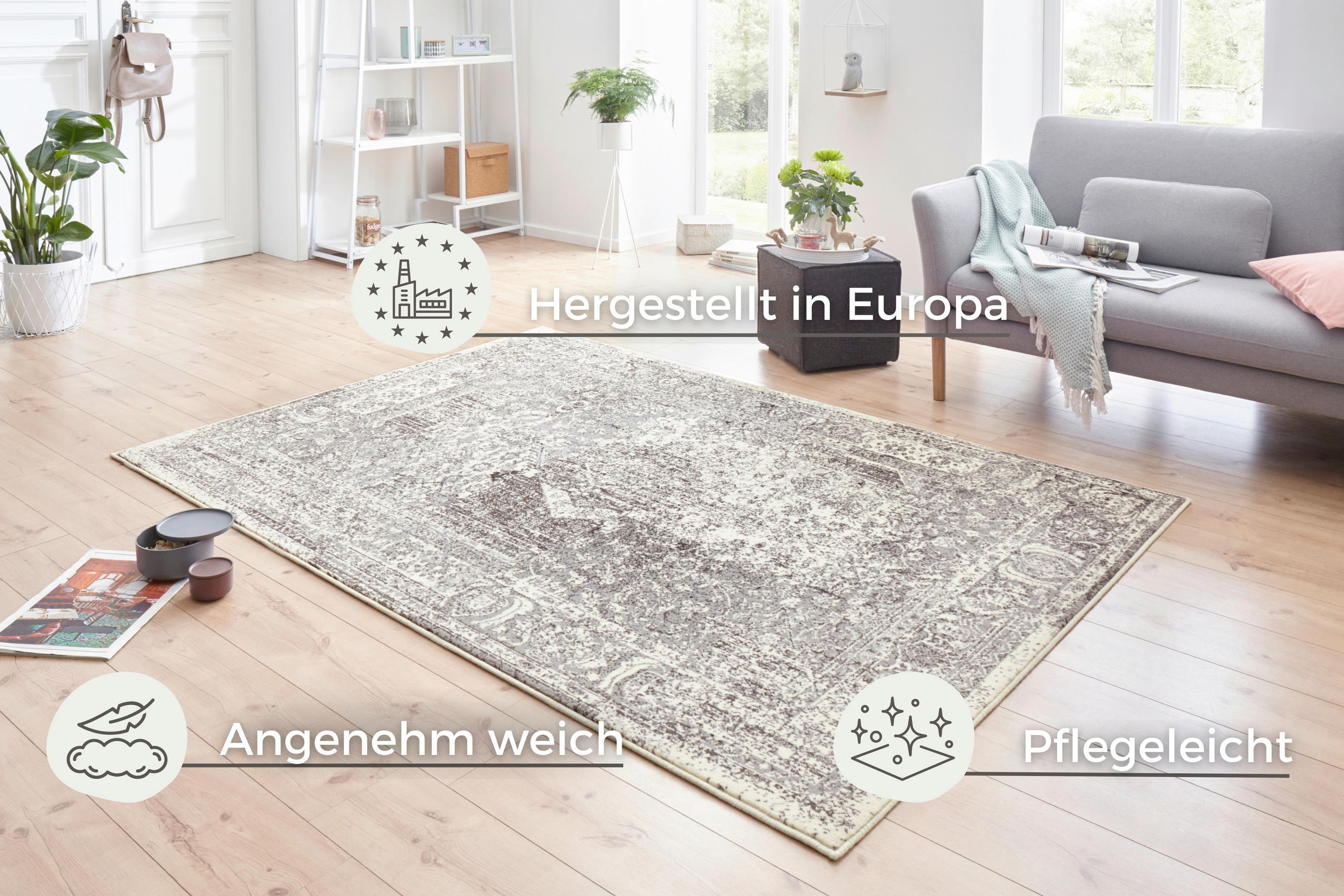 VINTAGE-TEPPICH 80/150 cm Celebration Creme, Grau  - Creme/Grau, Basics, Kunststoff/Textil (80/150cm)
