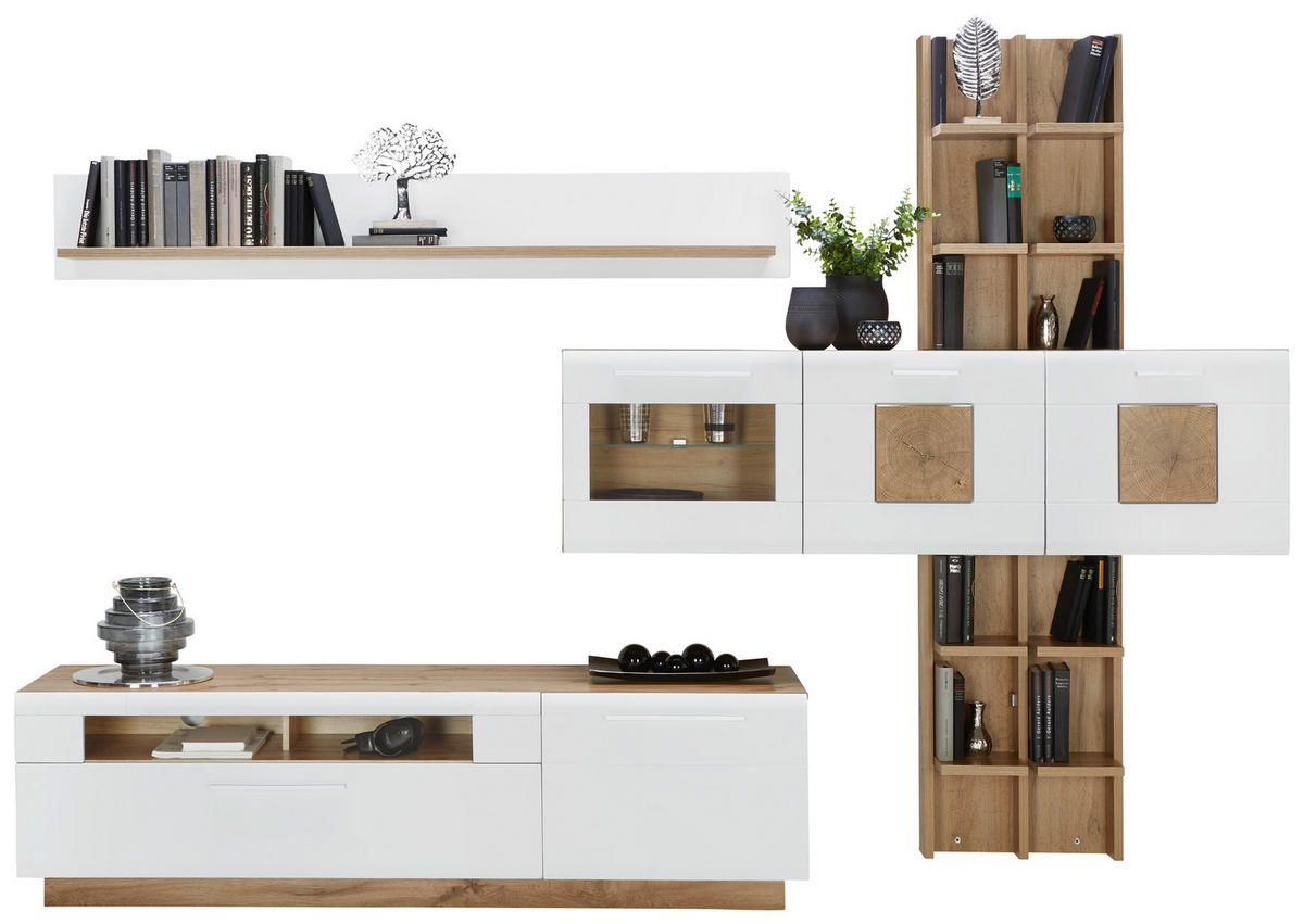 DNEVNI REGAL,  bela, barve hrasta  - barve kroma/barve hrasta, Trend, umetna masa/steklo (318/194/46cm) - Hom`in