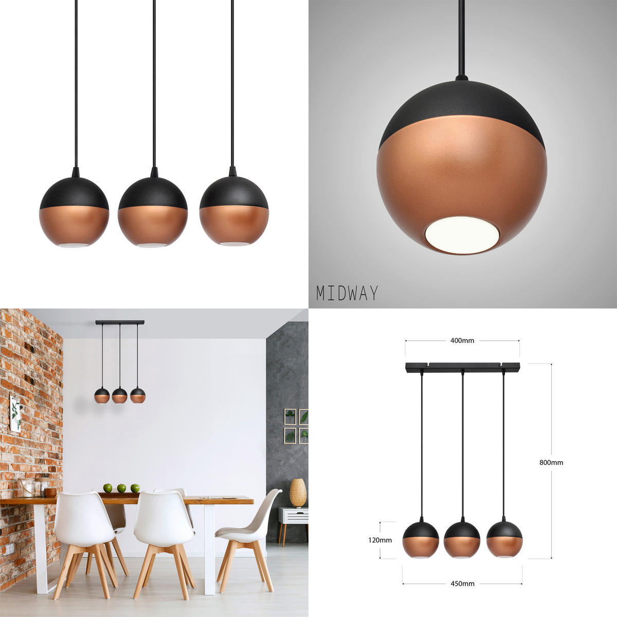 HÄNGELEUCHTE MIDWAY 45/12/80 cm   - Schwarz/Kupferfarben, Trend, Metall (45/12/80cm)