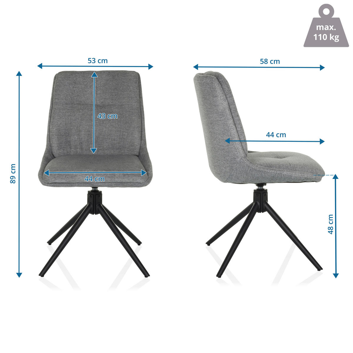 BESUCHERSTUHL  in Flachgewebe Grau  - Schwarz/Grau, MODERN, Textil/Metall (53/89/58cm) - MID.YOU