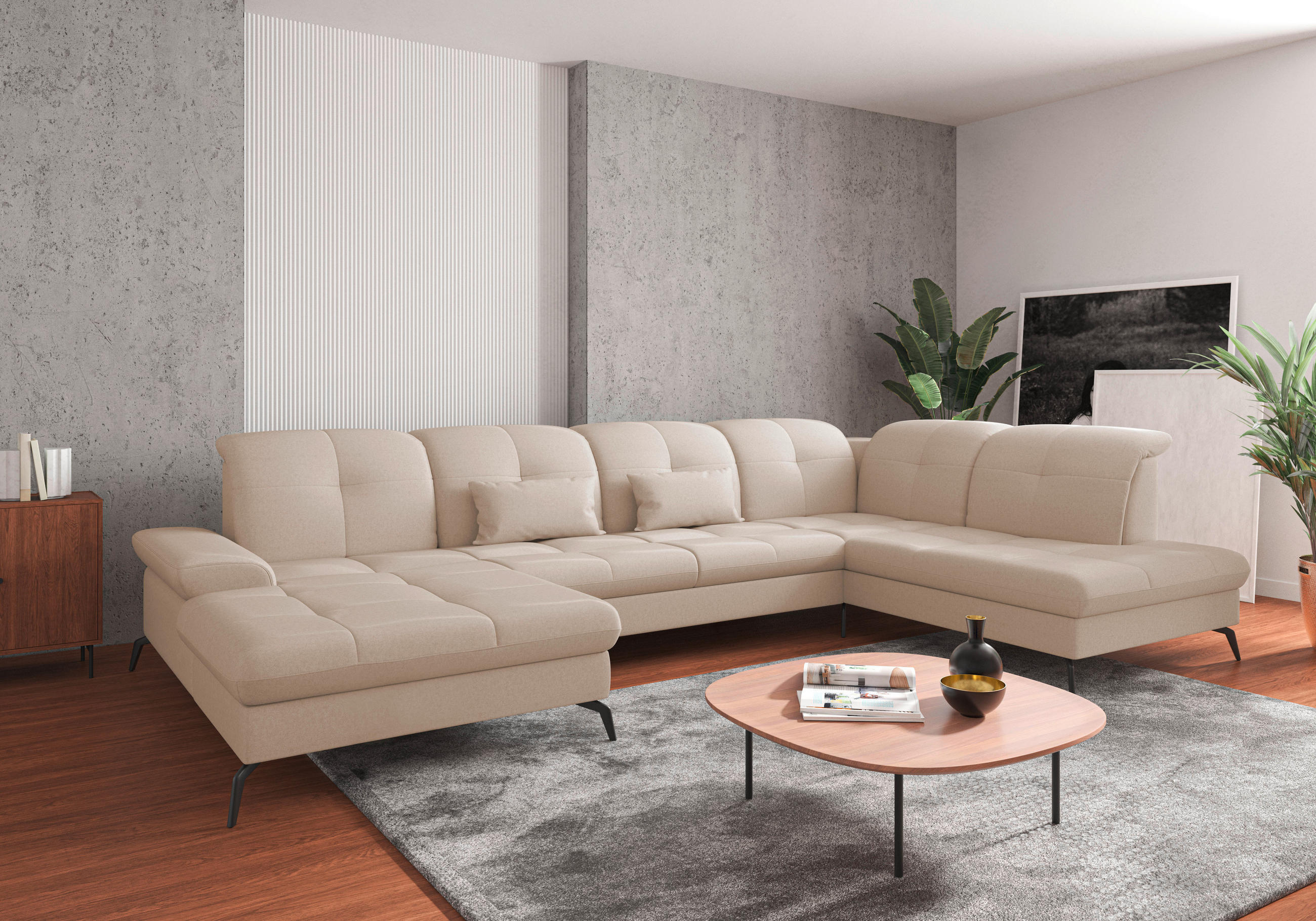 WOHNLANDSCHAFT Creme Flachgewebe  - Creme/Schwarz, KONVENTIONELL, Textil/Metall (185/357/231cm) - Sit & More
