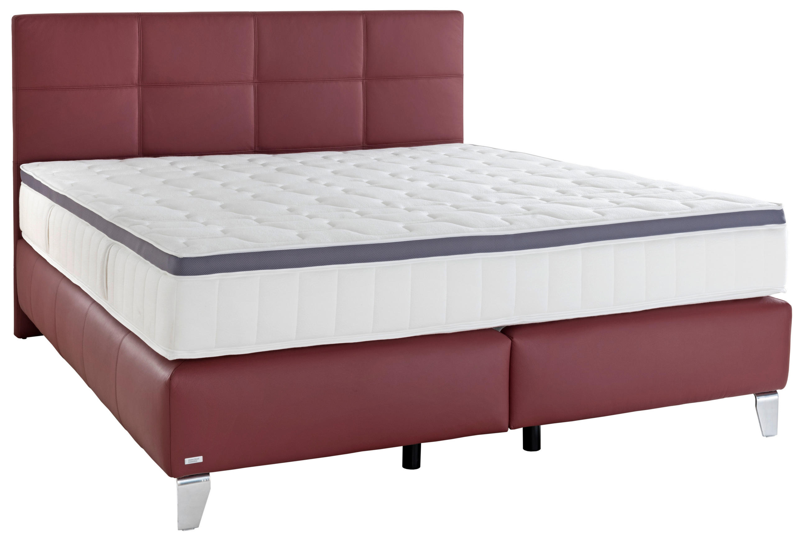 BOXSPRINGBETT 180/200 cm,  in Bordeaux, Matratze, gepolstertes Kopfteil, Topper, H2 + H3 = mittel + fest  - Chromfarben/Bordeaux, KONVENTIONELL, Leder/Textil (180/200cm) - Novel