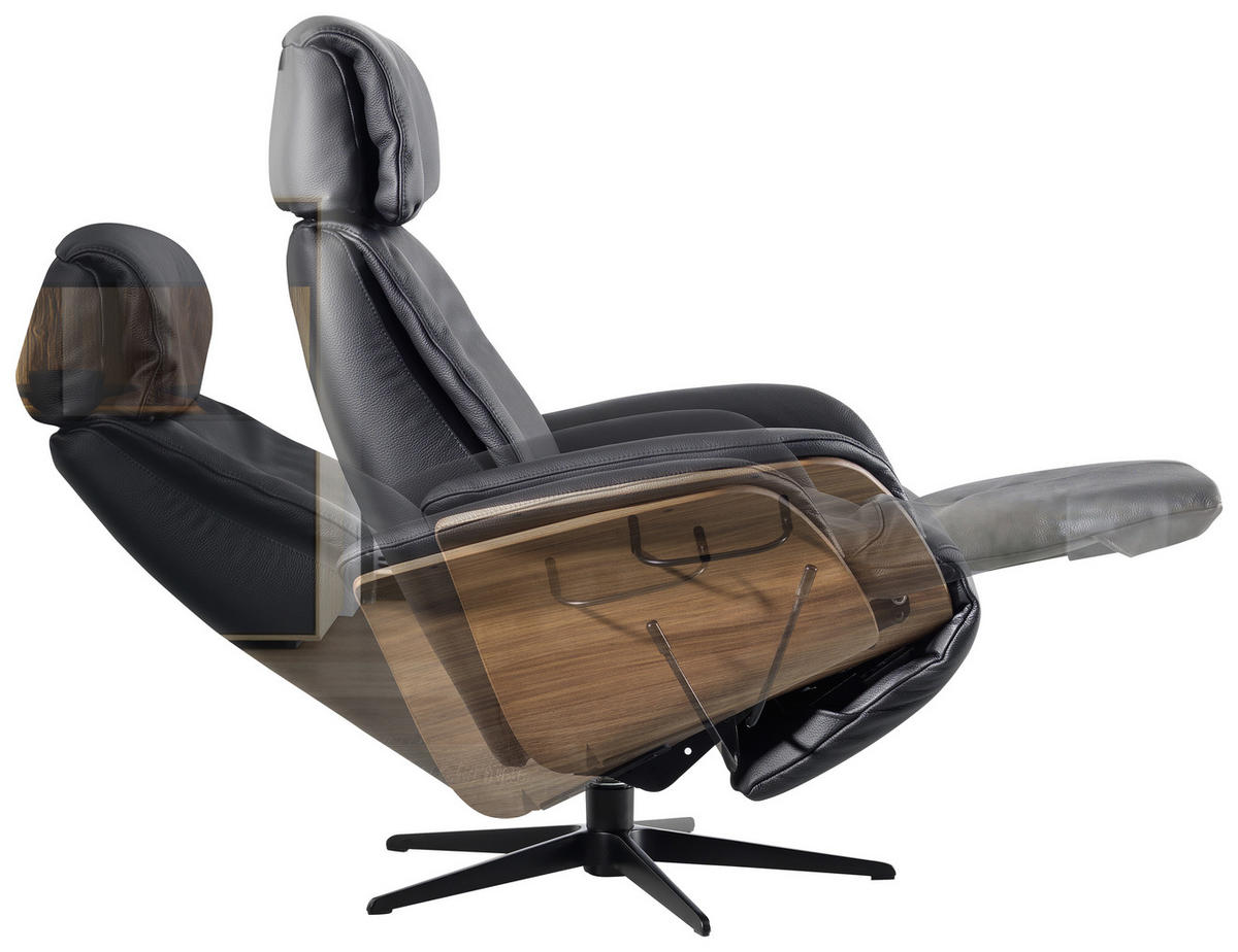 RELAXSESSEL Echtleder Relaxfunktion, Kopfteilverstellung    - Nussbaumfarben/Schwarz, Design, Leder/Holz (78/104-113/84cm) - Welnova