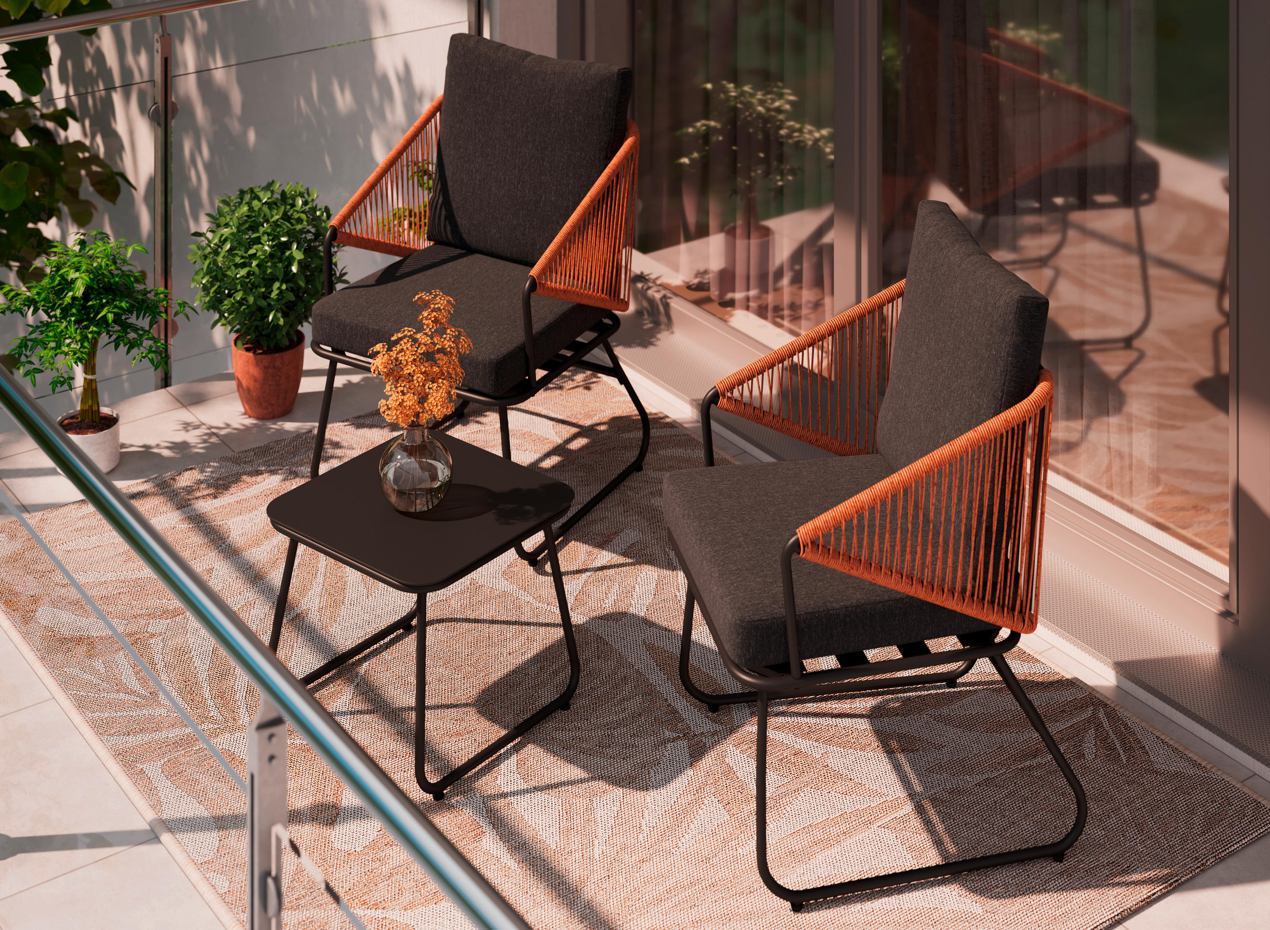 BALKONSET  - Schwarz/Naturfarben, MODERN, Glas/Kunststoff (53/77/66cm) - Ambia Garden