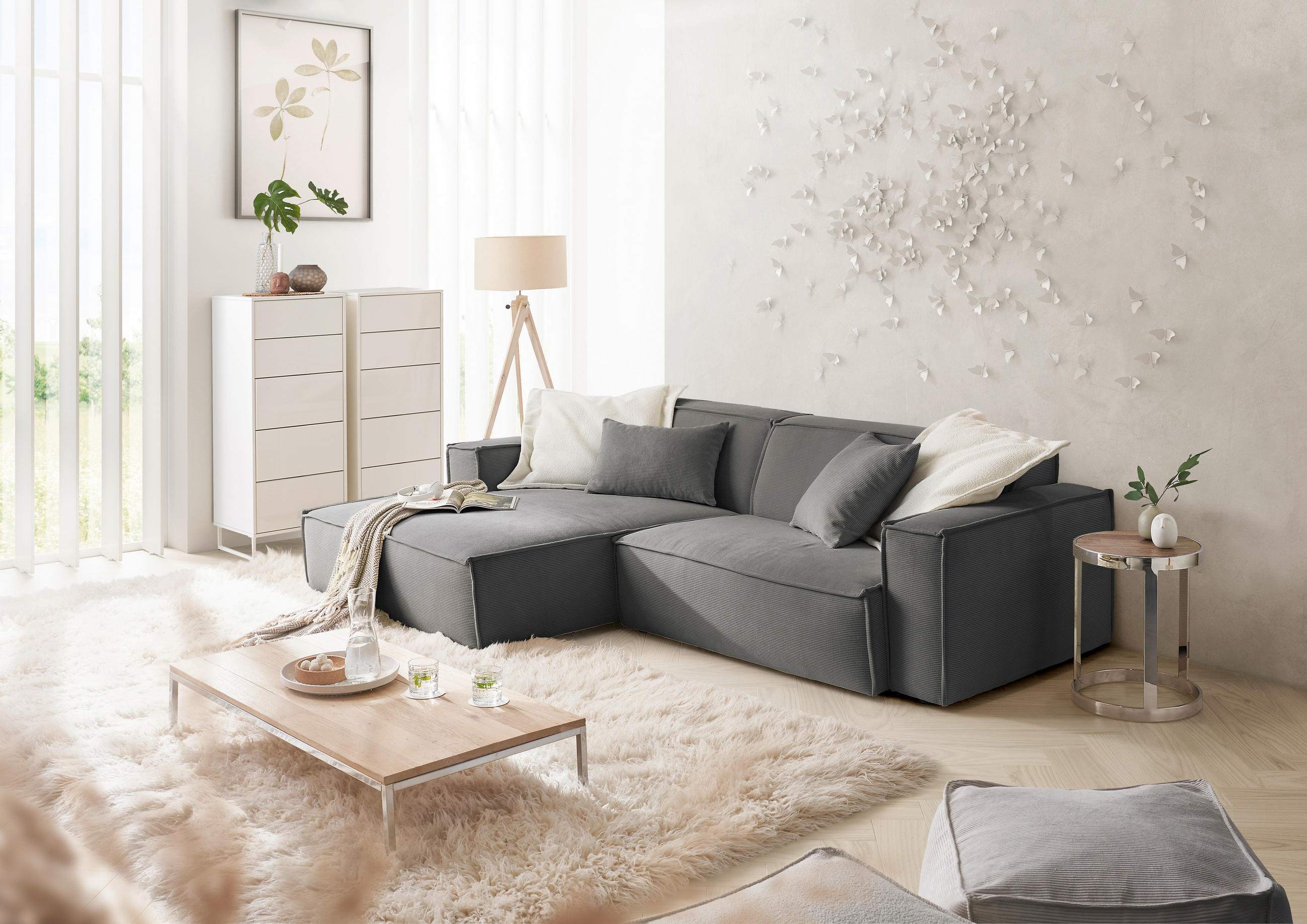 ECKSOFA Anthrazit Feincord - Anthrazit/Schwarz, KONVENTIONELL, Kunststoff/Textil (168/276cm) - Hom`in