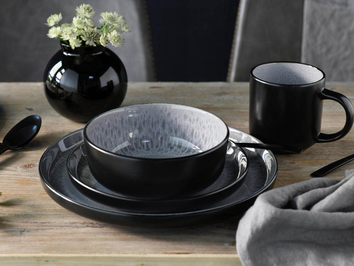 KOMBISERVICE Schwarz, Hellgrau Nordic Fjord Frost 16-teilig 4 Personen  - Hellgrau/Schwarz, Basics, Keramik (38/31/38cm) - Creatable