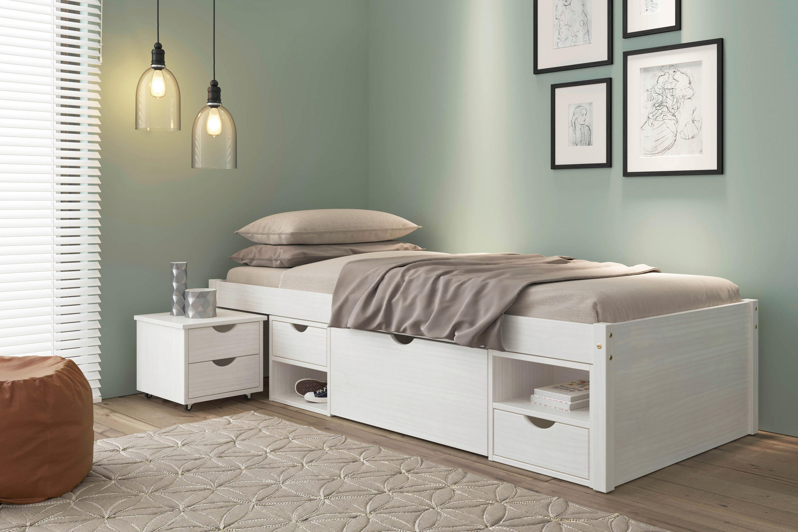 STAURAUMBETT 90/200 cm  in Weiß  - Naturfarben/Weiß, Basics, Holz (90/200cm) - MID.YOU