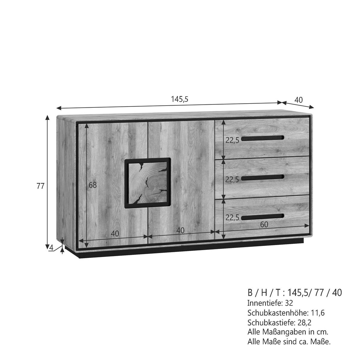 SIDEBOARD  146/77/40 cm 3 Schublade(n)  - Wildeiche/Schwarz, Basics, Holz (146/77/40cm) - Livetastic