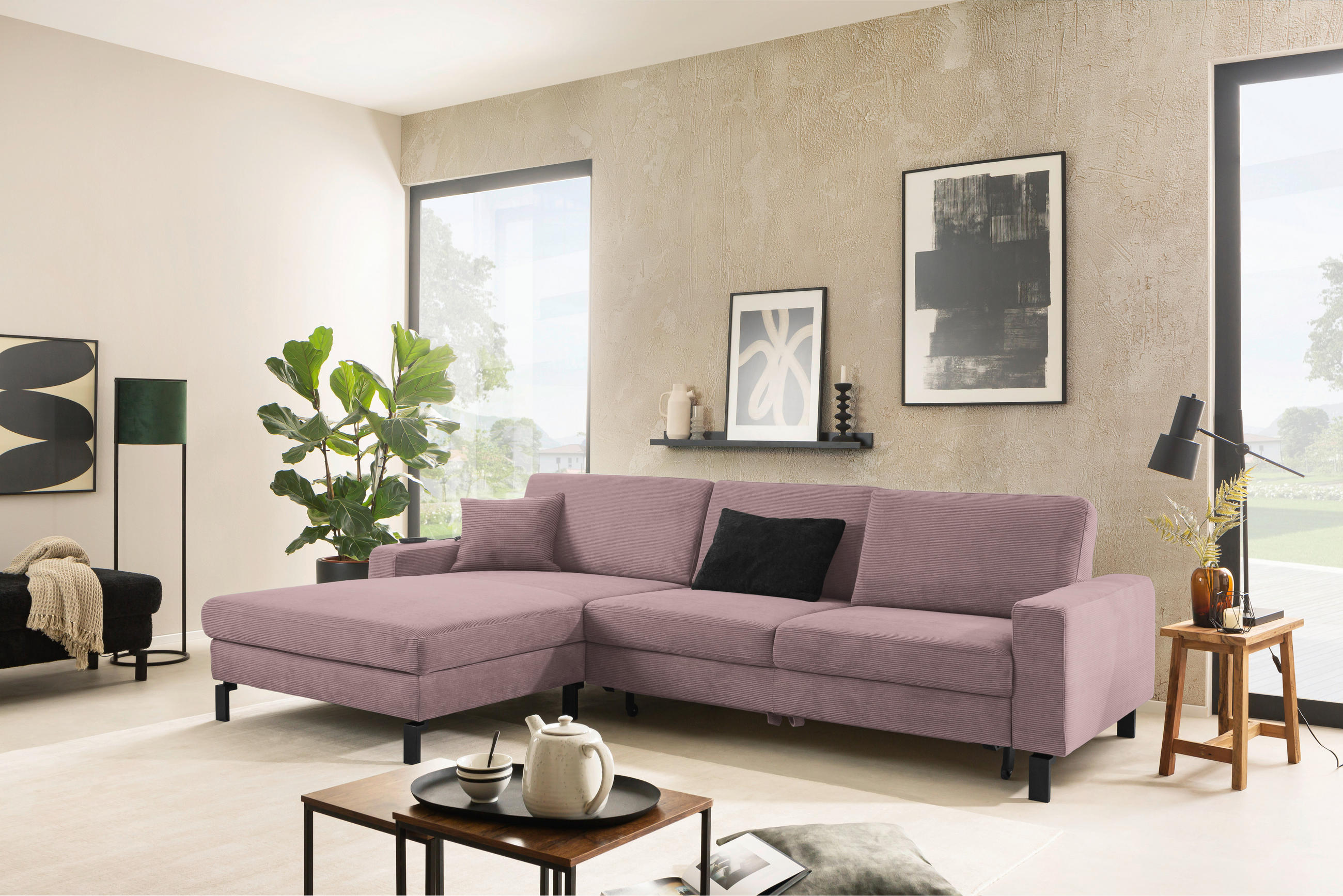 ECKSOFA in Cord Altrosa  - Schwarz/Altrosa, Design, Textil/Metall (185-209/298cm) - Pure Home Lifestyle